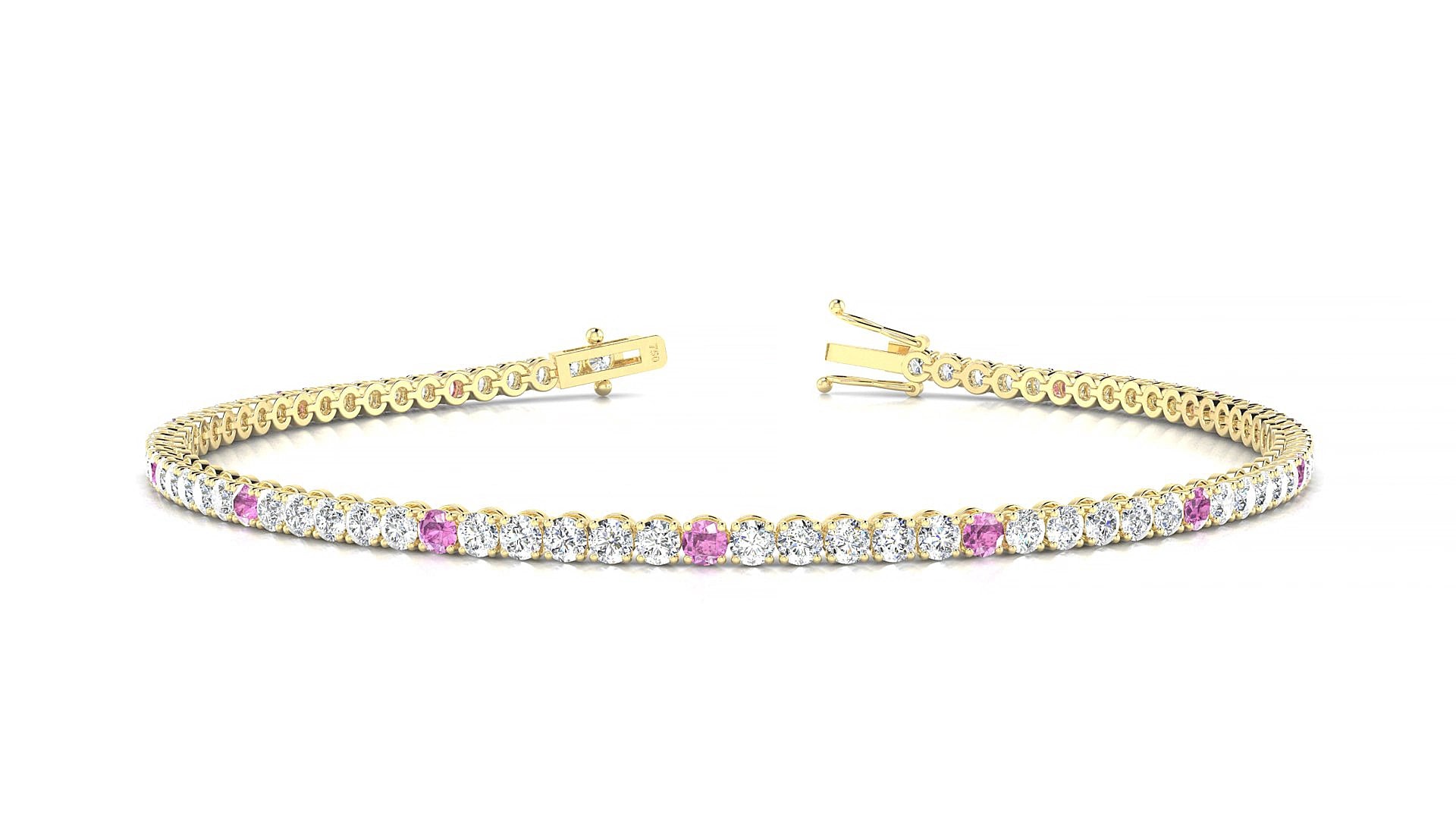 Firenze 1-5 | 18k Yellow Gold 2 mm Round Natural Pink Sapphire & Diamond 15 cm Tennis Bracelet