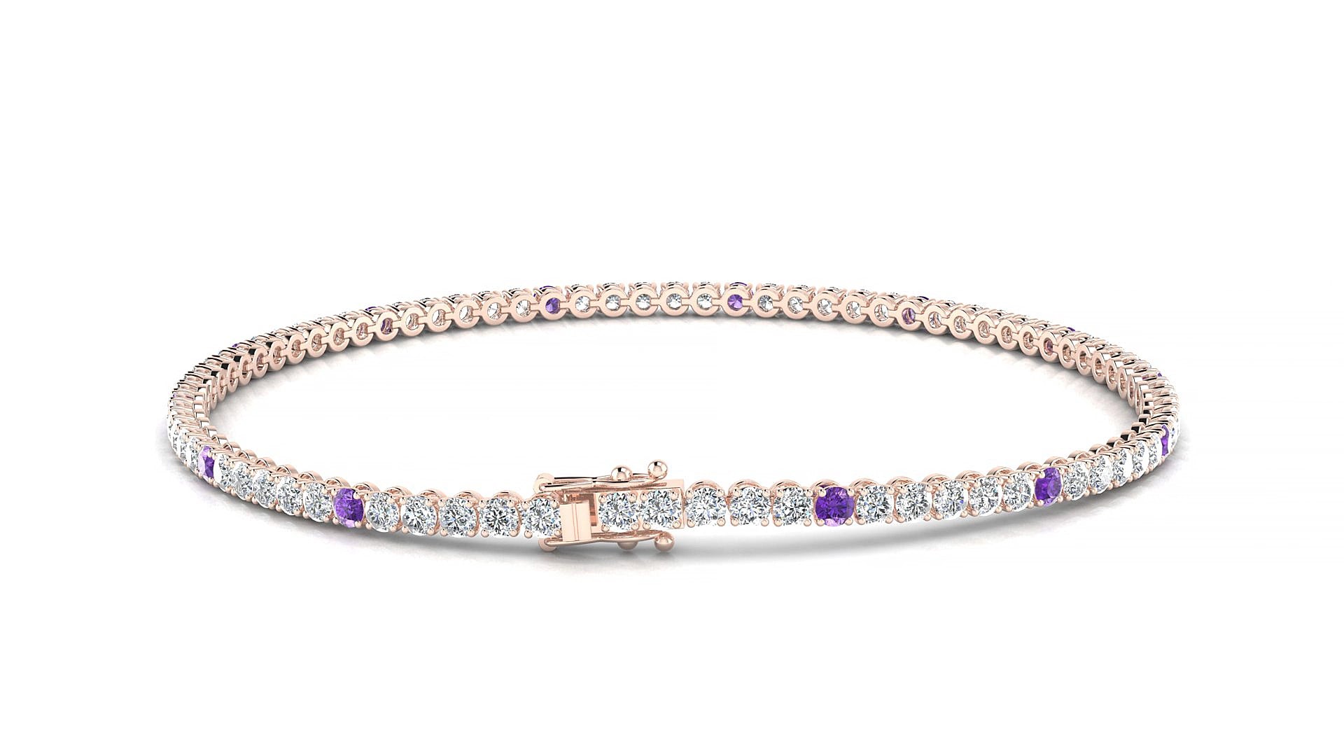 Firenze 1-5 | 18k Rose Gold 2 mm Round Natural Amethyst & Diamond 15 cm Tennis Bracelet