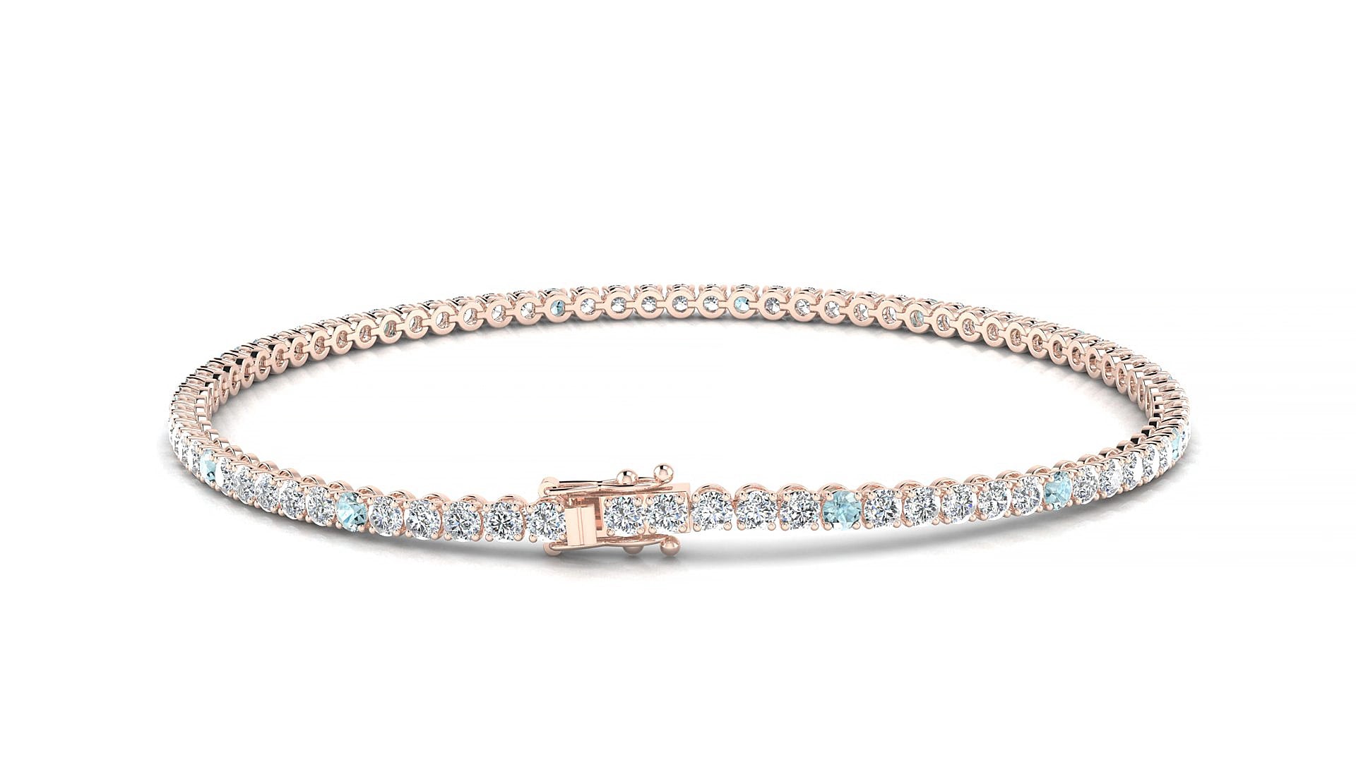 Firenze 1-5 | 18k Rose Gold 2 mm Round Natural Aquamarine & Diamond 15 cm Tennis Bracelet