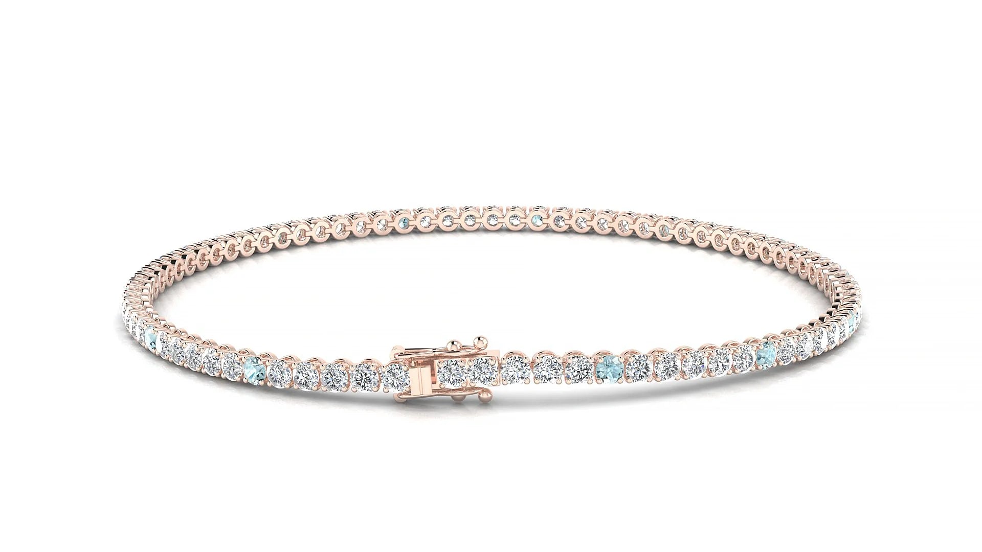 Firenze 1-5 | 18k Rose Gold 2 mm Round Natural Aquamarine & Diamond Tennis Bracelet