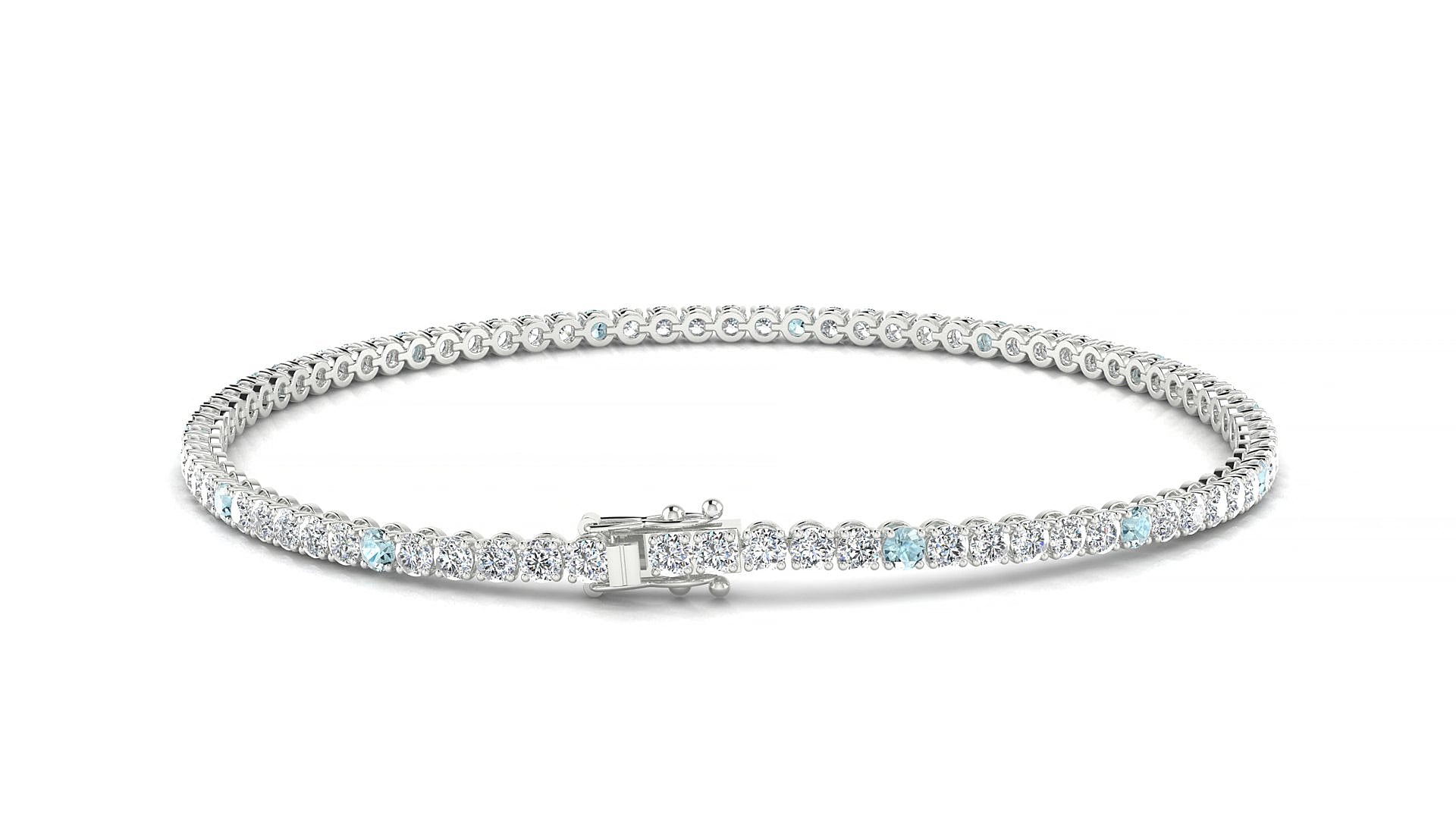 Firenze 1-5 | 18k White Gold 2 mm Round Natural Aquamarine & Diamond 15 cm Tennis Bracelet