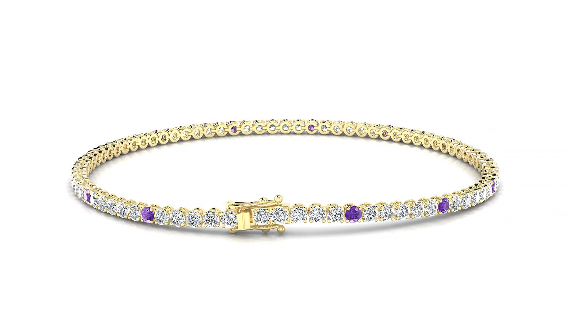 Firenze 1-5 | 18k Yellow Gold 2 mm Round Natural Amethyst & Diamond 15 cm Tennis Bracelet