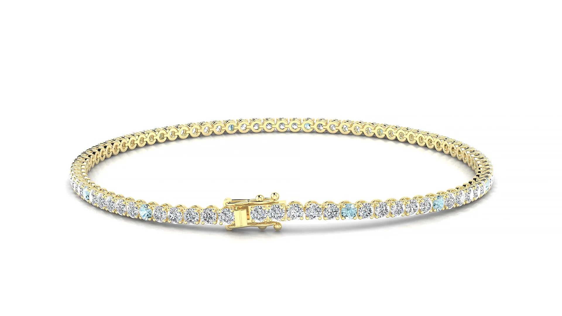 Firenze 1-5 | 18k Yellow Gold 2 mm Round Natural Aquamarine & Diamond Tennis Bracelet