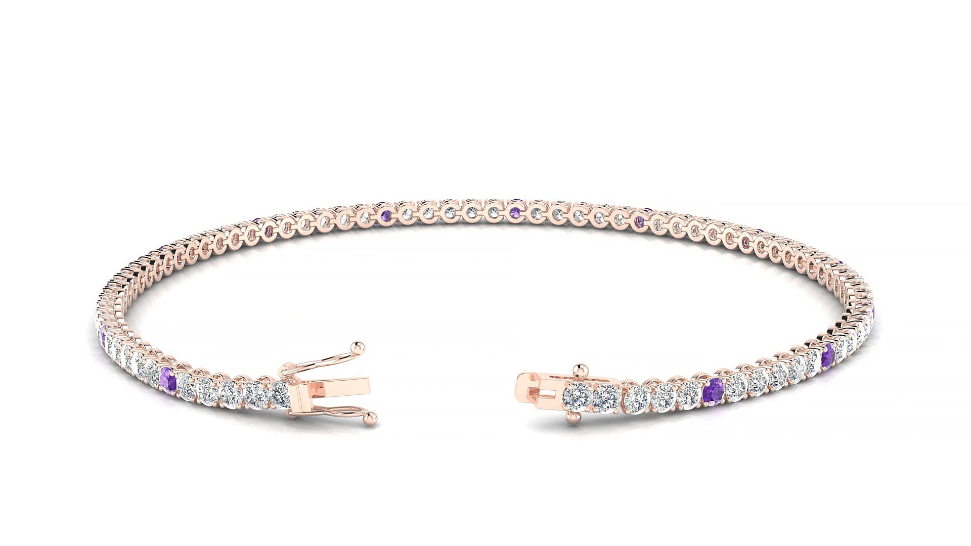 Firenze 1-5 | 18k Rose Gold 2 mm Round Natural Amethyst & Diamond 19 cm Tennis Bracelet