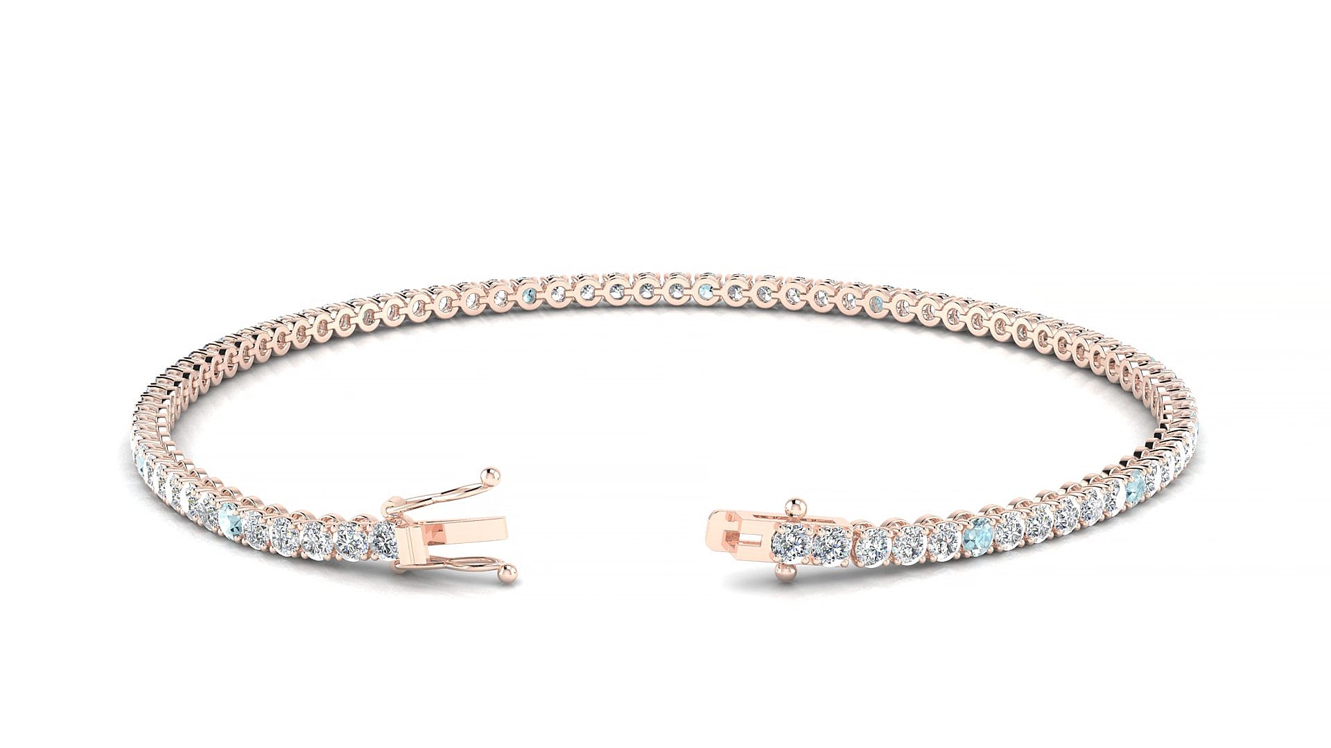 Firenze 1-5 | 18k Rose Gold 2 mm Round Natural Aquamarine & Diamond 15 cm Tennis Bracelet