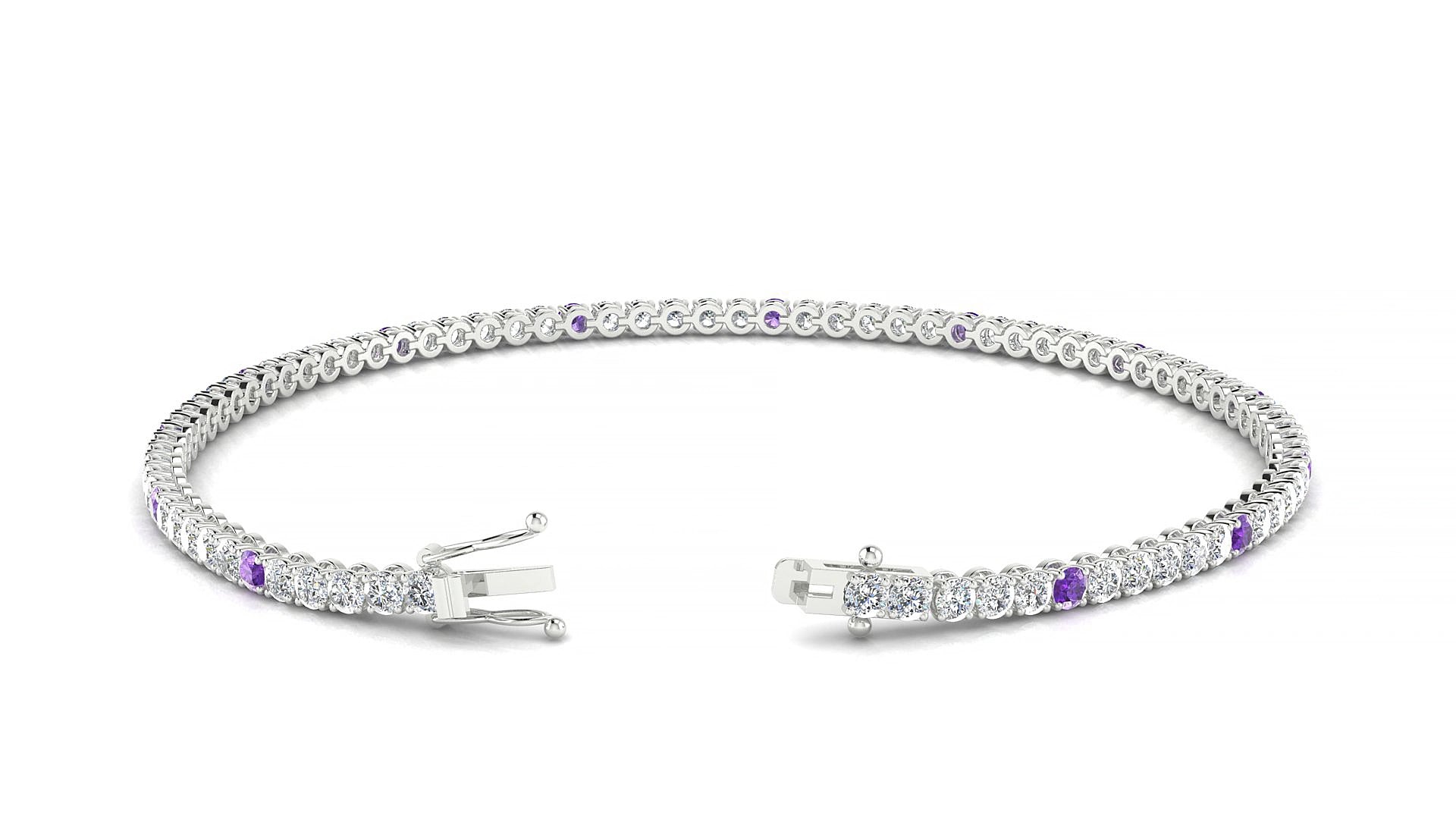 Firenze 1-5 | 18k White Gold 2 mm Round Natural Amethyst & Diamond 15 cm Tennis Bracelet