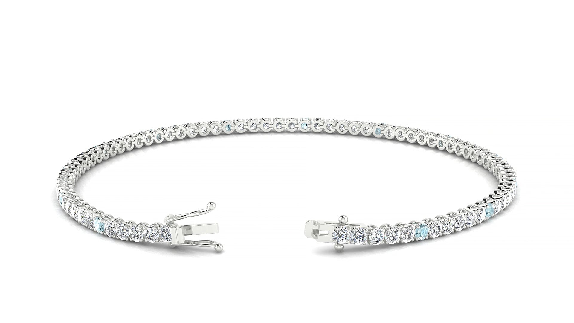 Firenze 1-5 | 18k White Gold 2 mm Round Natural Aquamarine & Diamond 15 cm Tennis Bracelet