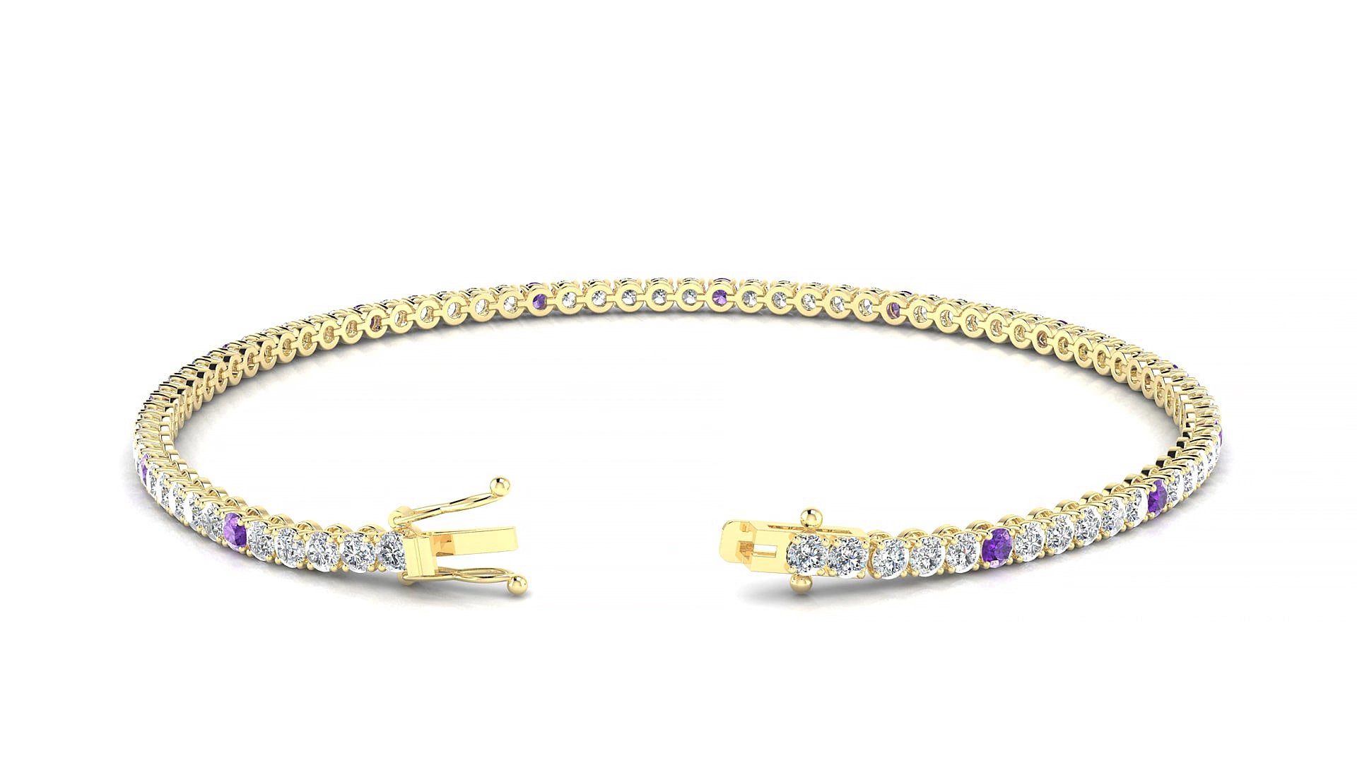 Firenze 1-5 | 18k Yellow Gold 2 mm Round Natural Amethyst & Diamond 16 cm Tennis Bracelet