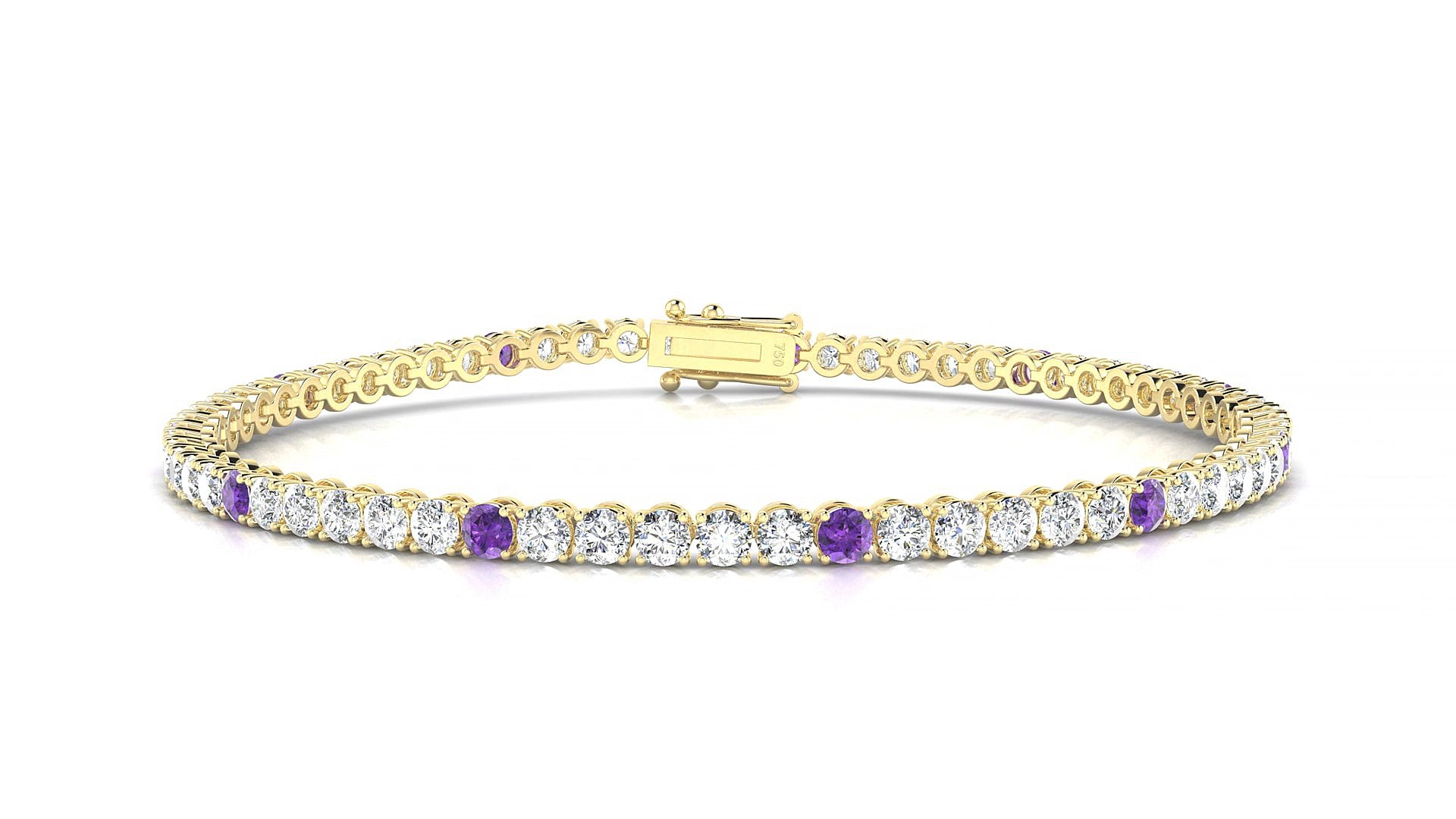 Firenze 1-5 | 18k Yellow Gold 2.5 mm Round Natural Amethyst & Diamond 15 cm Tennis Bracelet