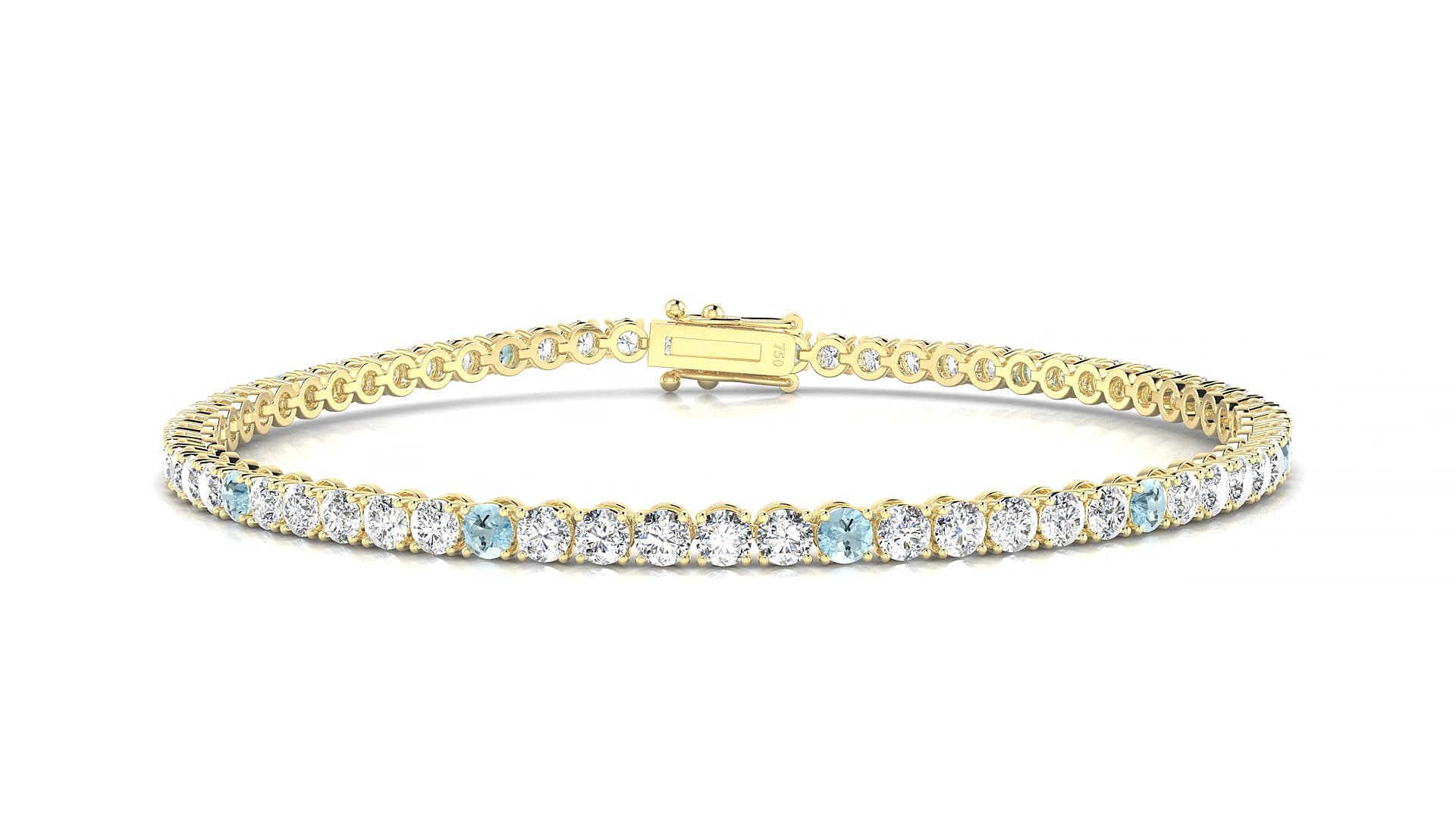 Firenze 1-5 | 18k Yellow Gold 2.5 mm Round Natural Aquamarine & Diamond 15 cm Tennis Bracelet