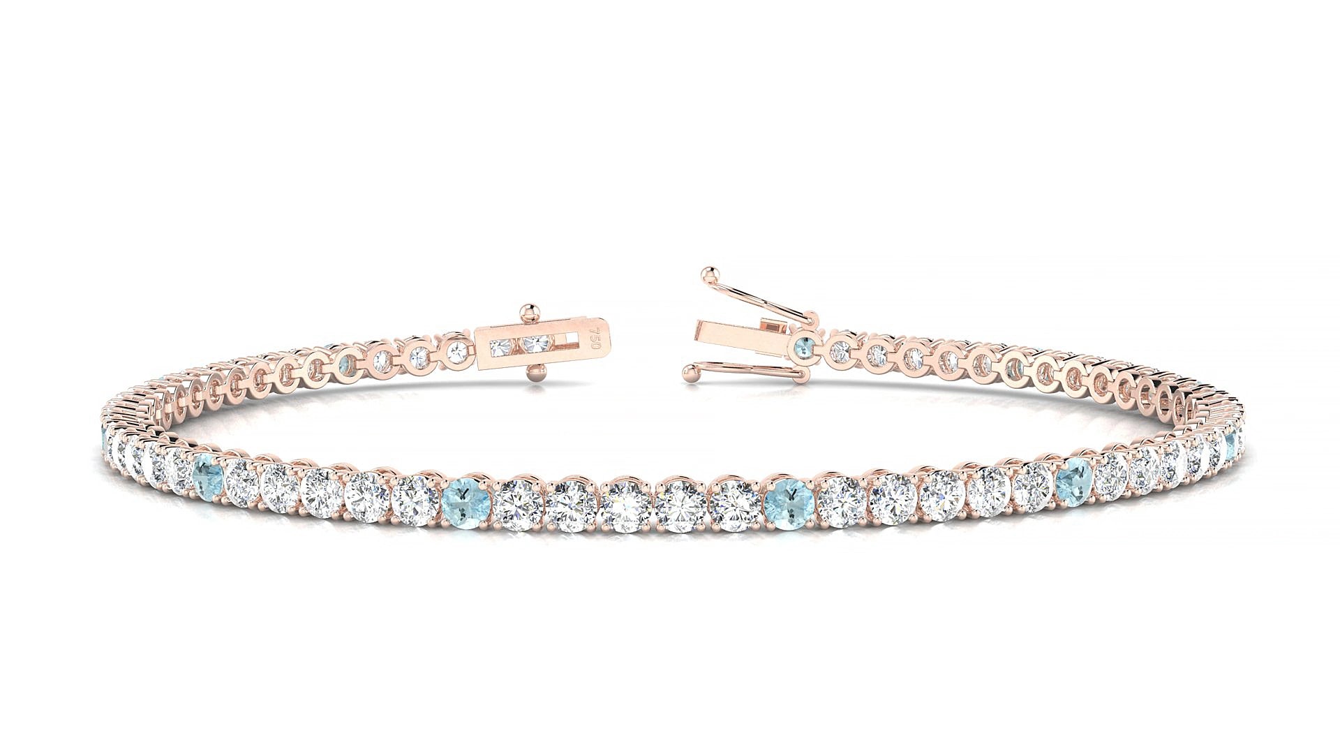 Firenze 1-5 | 18k Rose Gold 2.5 mm Round Natural Aquamarine & Diamond 16 cm Tennis Bracelet