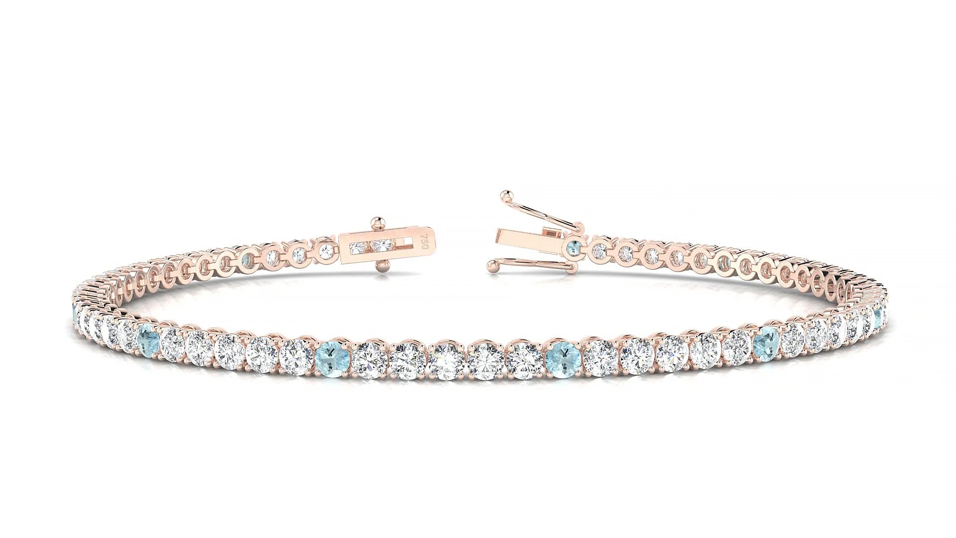 Firenze 1-5 | 18k Rose Gold 2.5 mm Round Natural Aquamarine & Diamond Tennis Bracelet