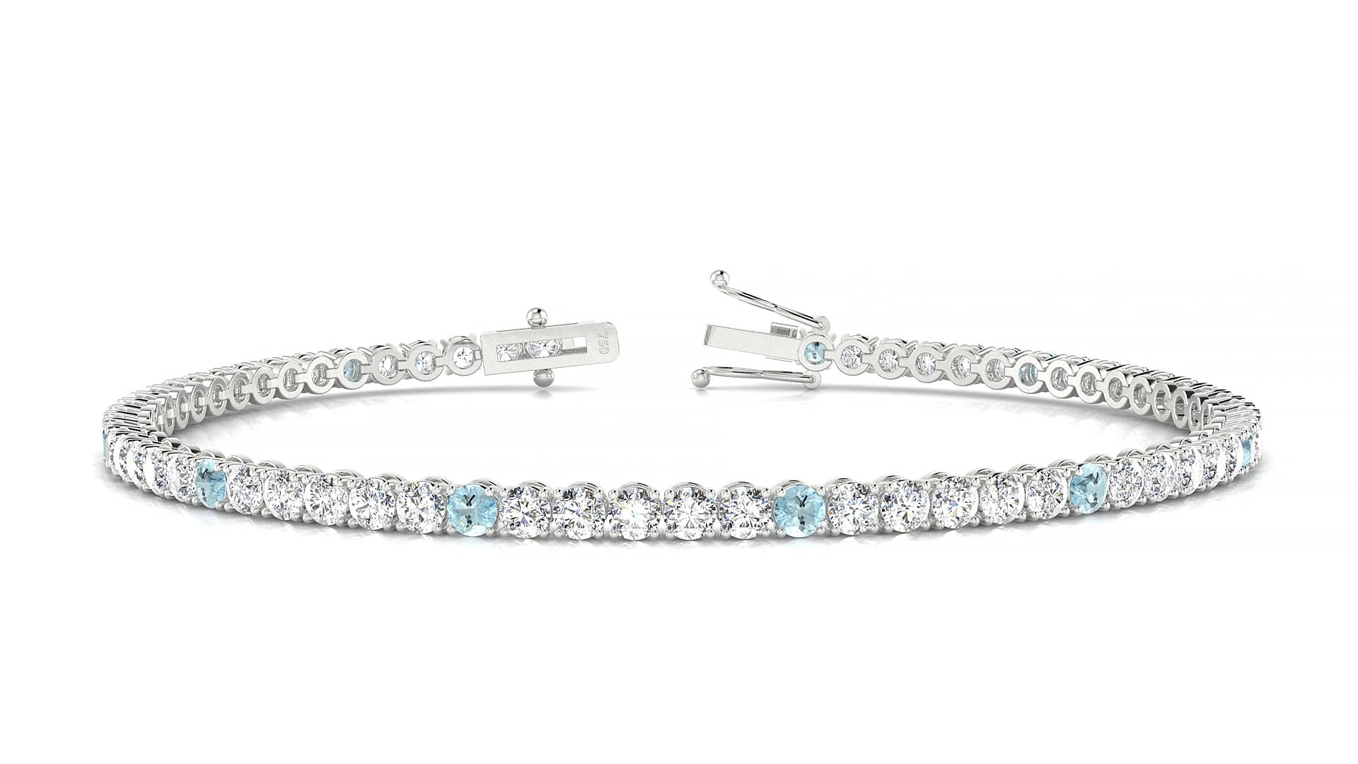 Firenze 1-5 | 18k White Gold 2.5 mm Round Natural Aquamarine & Diamond 15 cm Tennis Bracelet