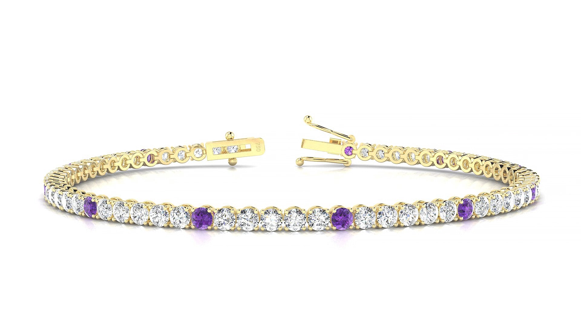 Firenze 1-5 | 18k Yellow Gold 2.5 mm Round Natural Amethyst & Diamond 18 cm Tennis Bracelet