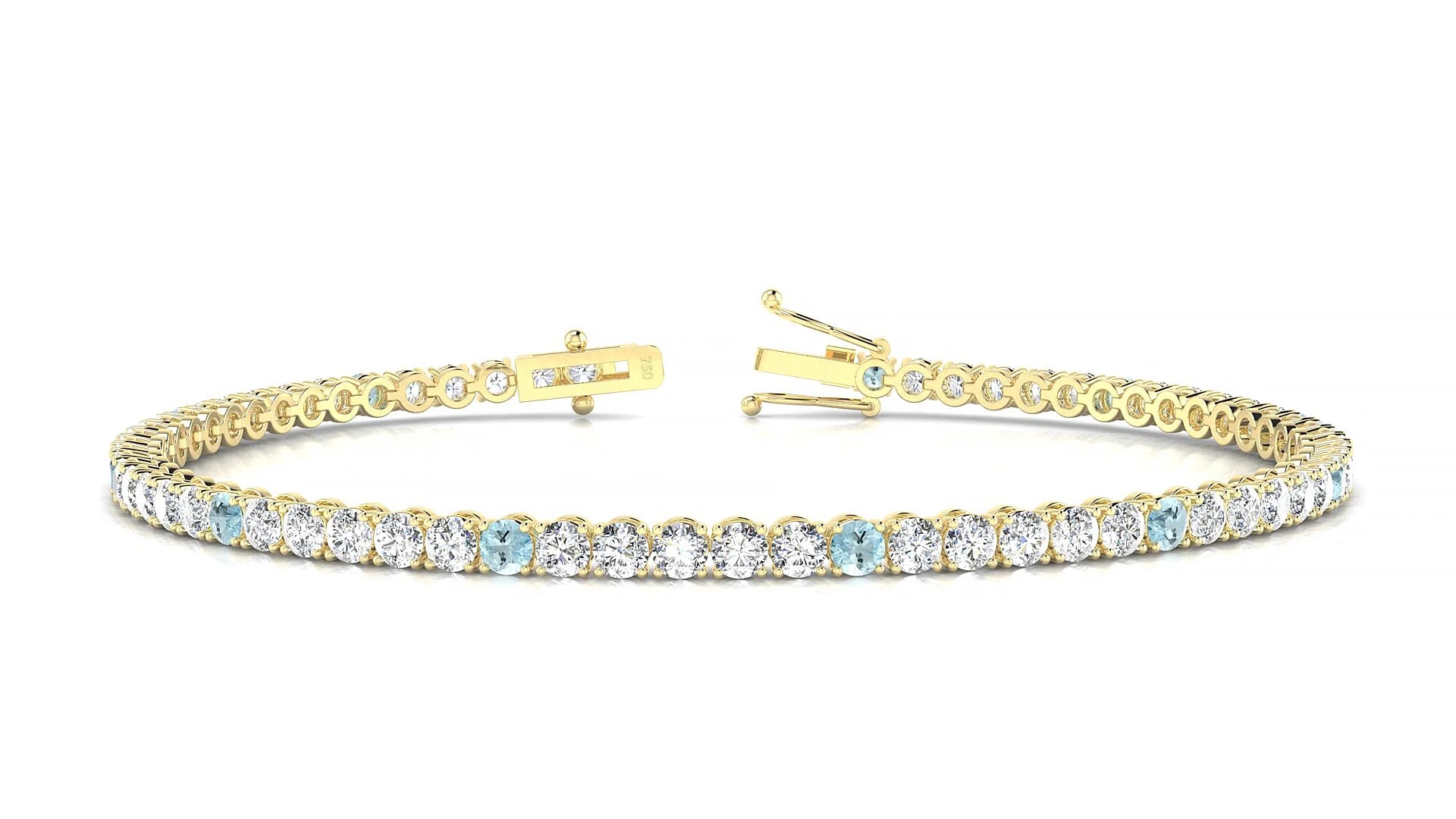 Firenze 1-5 | 18k Yellow Gold 2.5 mm Round Natural Aquamarine & Diamond Tennis Bracelet