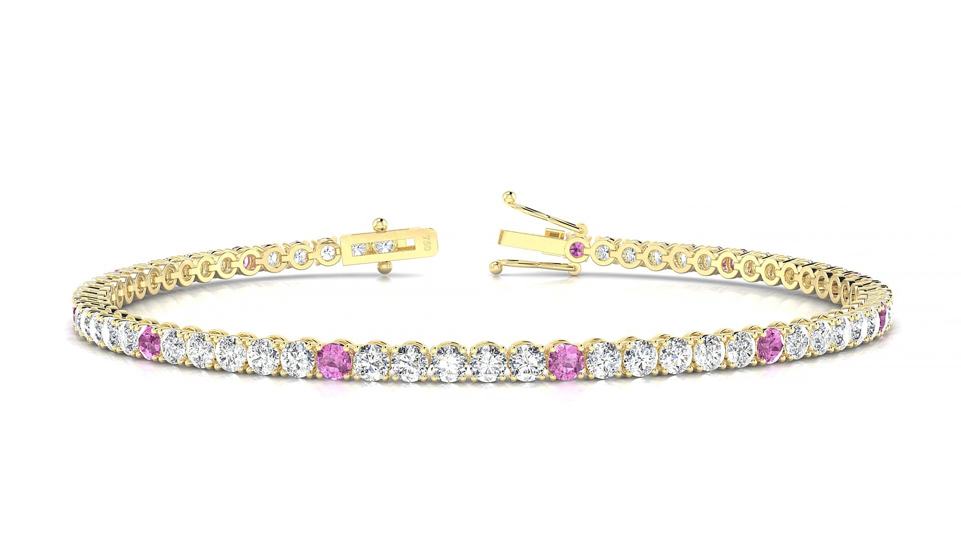 Firenze 1-5 | 18k Yellow Gold 2.5 mm Round Natural Pink Sapphire & Diamond 17 cm Tennis Bracelet