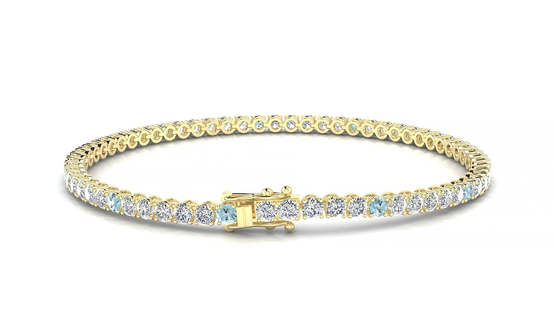 Firenze 1-5 | 18k Yellow Gold 2.5 mm Round Natural Aquamarine & Diamond Tennis Bracelet