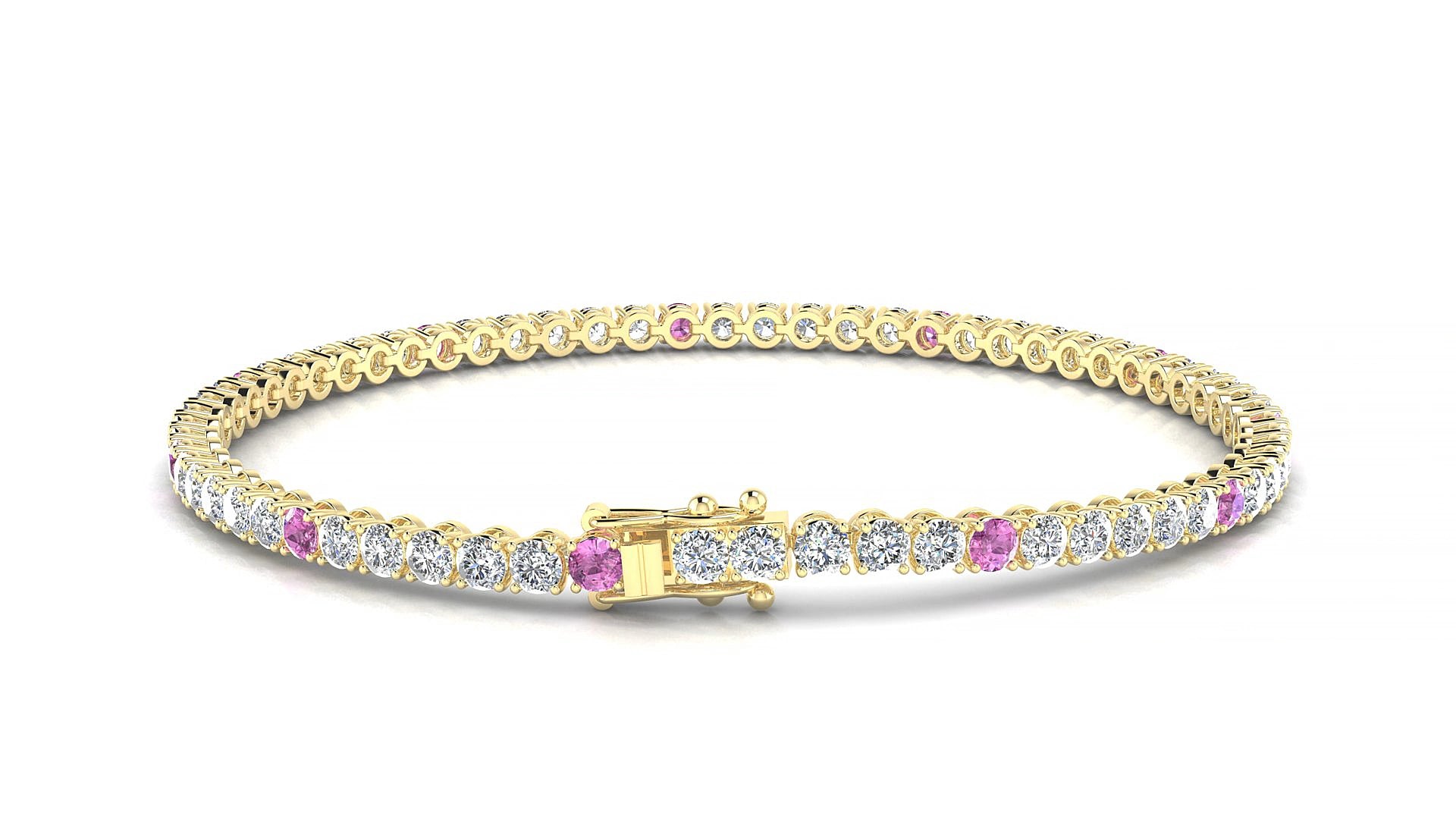 Firenze 1-5 | 18k Yellow Gold 2.5 mm Round Natural Pink Sapphire & Diamond 18 cm Tennis Bracelet