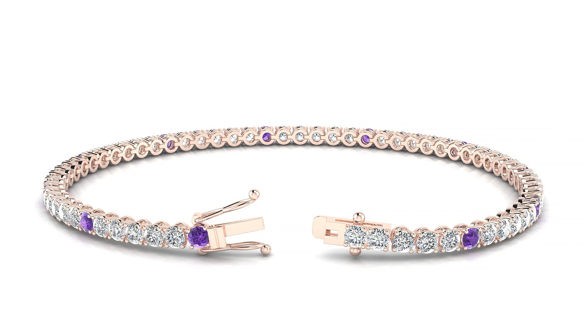 Firenze 1-5 | 18k Rose Gold 2.5 mm Round Natural Amethyst & Diamond 18 cm Tennis Bracelet