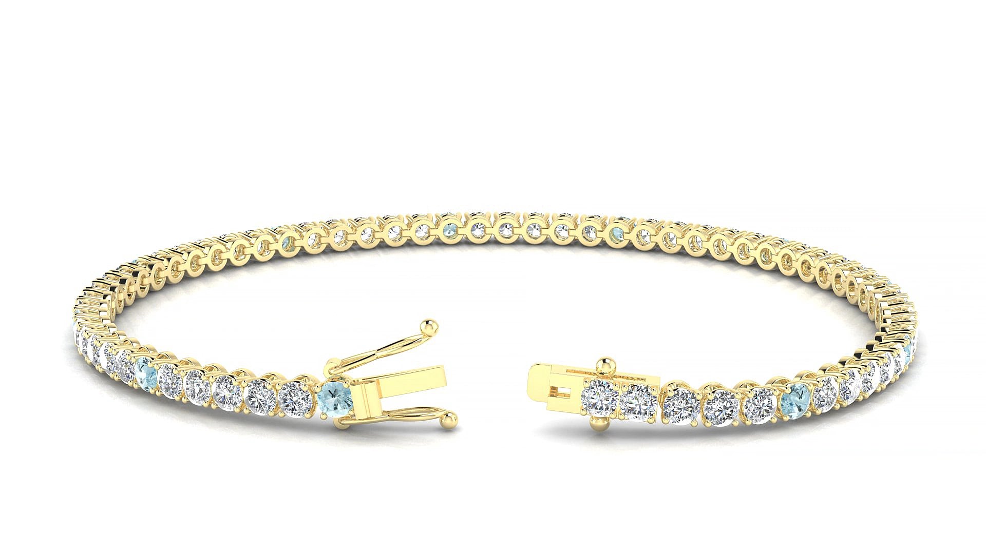 Firenze 1-5 | 18k Yellow Gold 2.5 mm Round Natural Aquamarine & Diamond 15 cm Tennis Bracelet