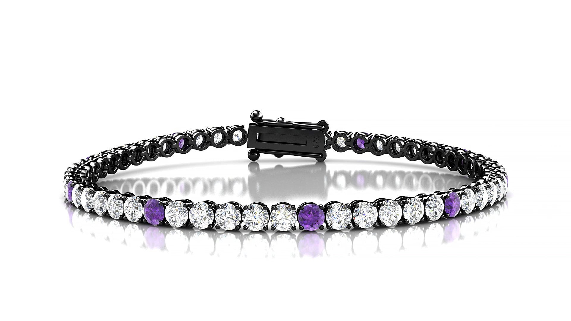 Firenze 1-5 | 18k Black Gold 3 mm Round Natural Amethyst & Diamond 17 cm Tennis Bracelet