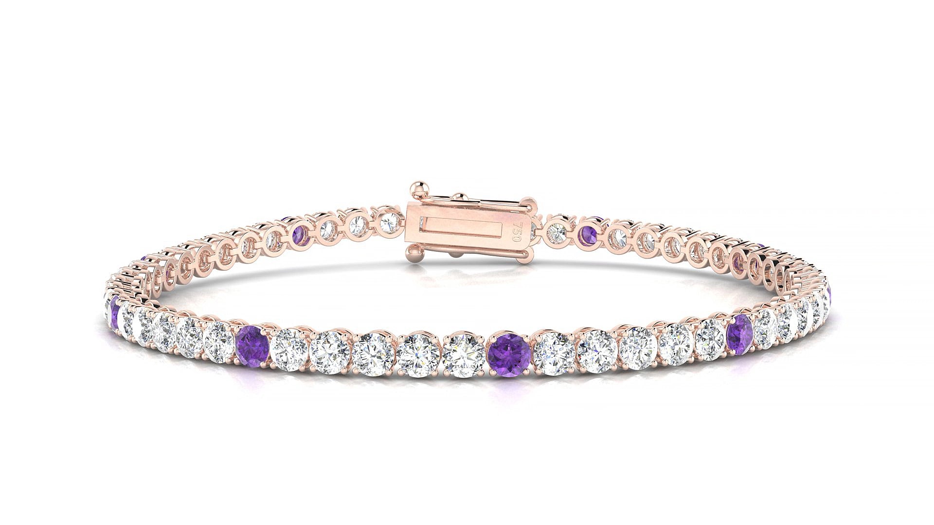 Firenze 1-5 | 18k Rose Gold 3 mm Round Natural Amethyst & Diamond 18 cm Tennis Bracelet