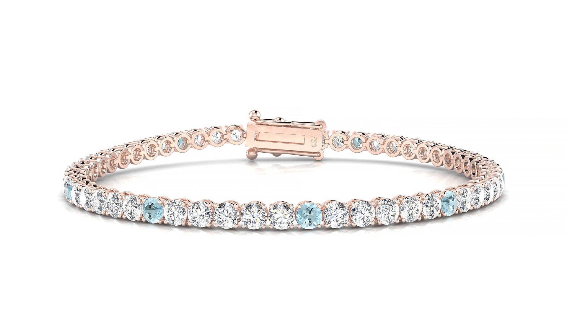 Firenze 1-5 | 18k Rose Gold 3 mm Round Natural Aquamarine & Diamond 15 cm Tennis Bracelet