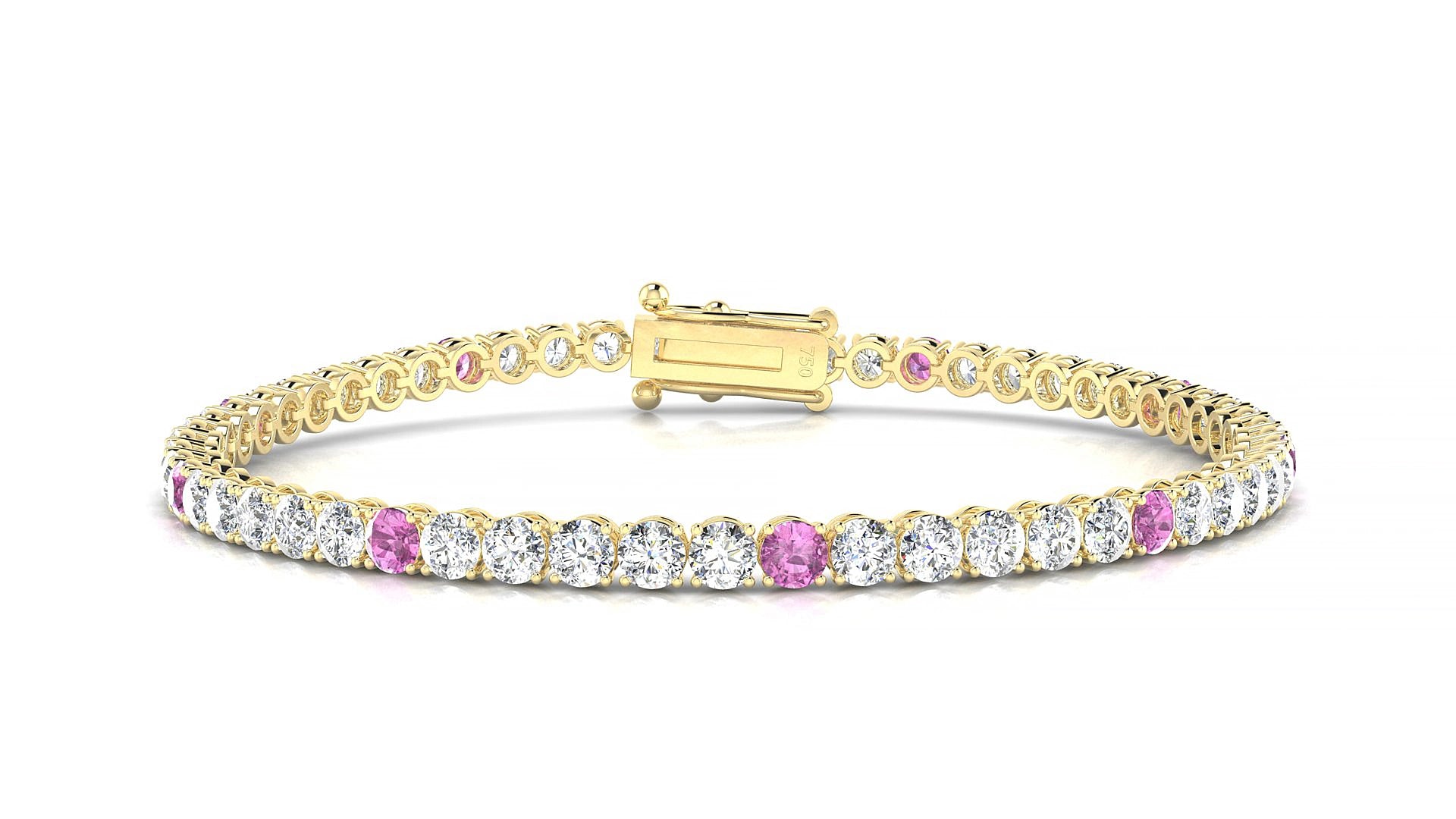 Firenze 1-5 | 18k Yellow Gold 3 mm Round Natural Pink Sapphire & Diamond 15 cm Tennis Bracelet