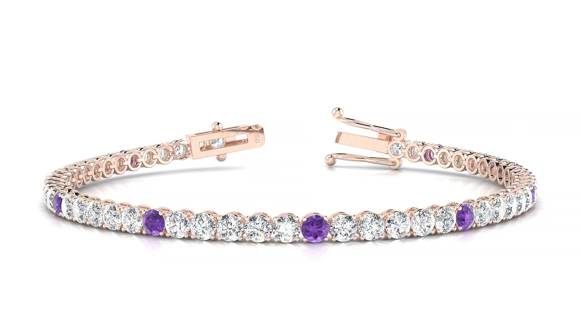Firenze 1-5 | 18k Rose Gold 3 mm Round Natural Amethyst & Diamond 16 cm Tennis Bracelet