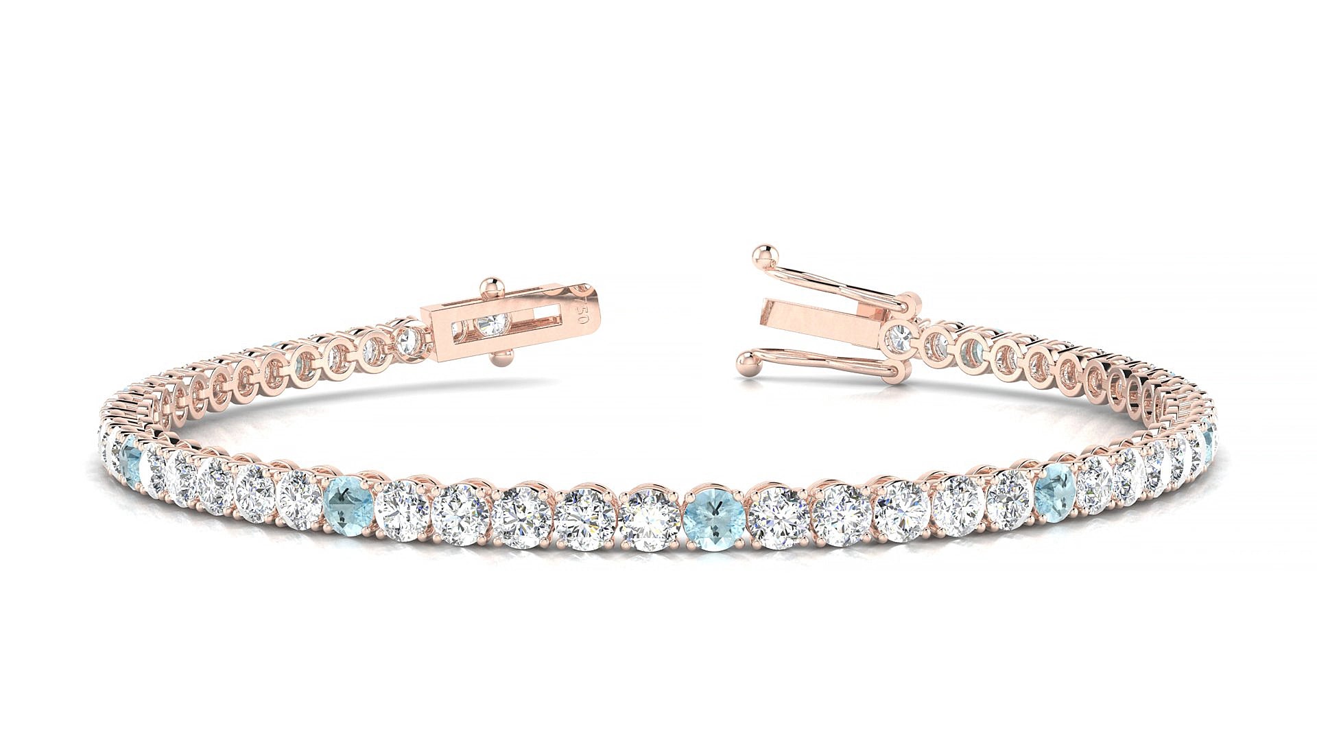 Firenze 1-5 | 18k Rose Gold 3 mm Round Natural Aquamarine & Diamond 15 cm Tennis Bracelet