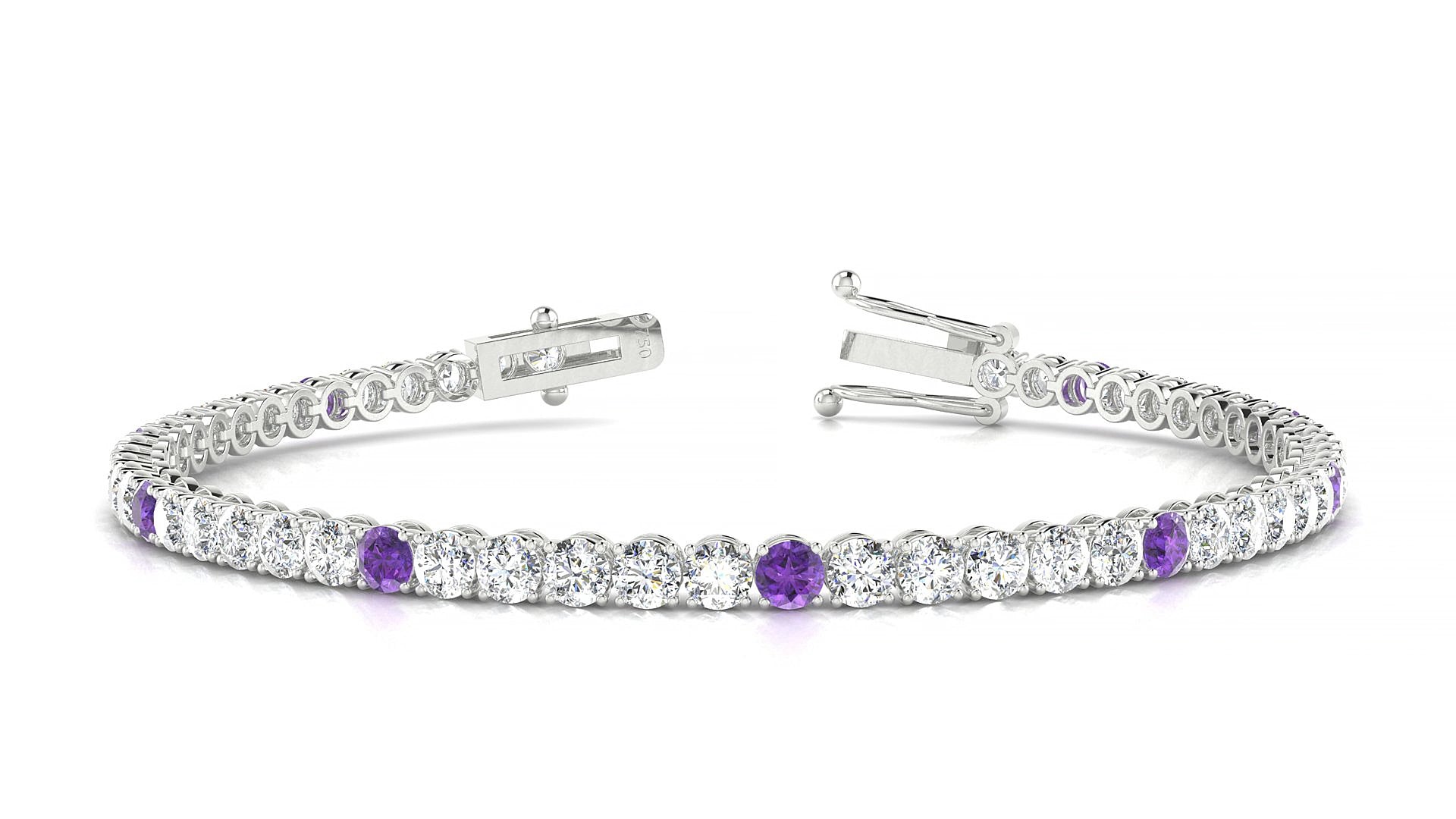 Firenze 1-5 | 18k White Gold 3 mm Round Natural Amethyst & Diamond 20 cm Tennis Bracelet