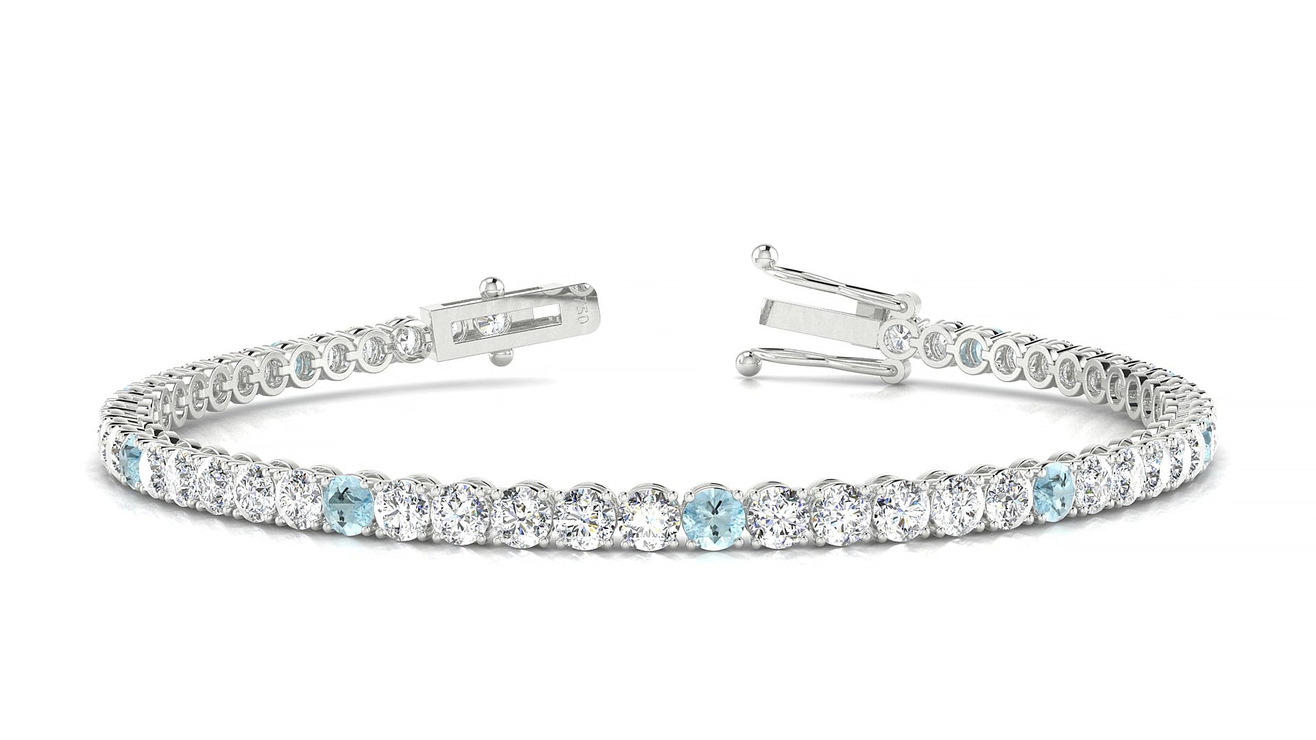 Firenze 1-5 | 18k White Gold 3 mm Round Natural Aquamarine & Diamond 15 cm Tennis Bracelet