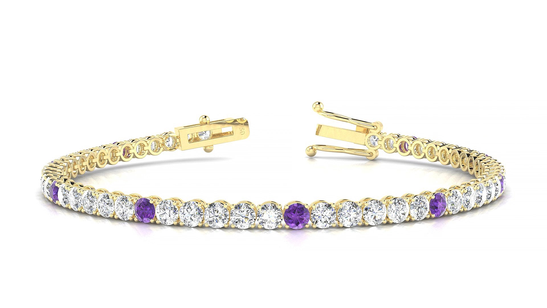 Firenze 1-5 | 18k Yellow Gold 3 mm Round Natural Amethyst & Diamond 15 cm Tennis Bracelet