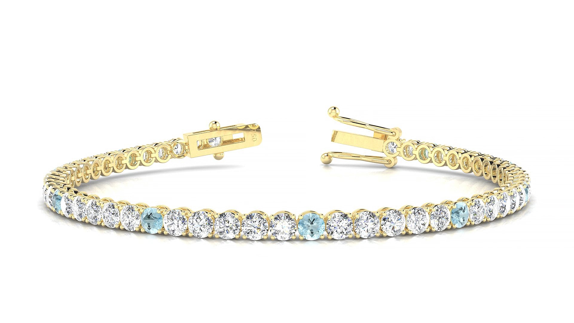 Firenze 1-5 | 18k Yellow Gold 3 mm Round Natural Aquamarine & Diamond 18 cm Tennis Bracelet