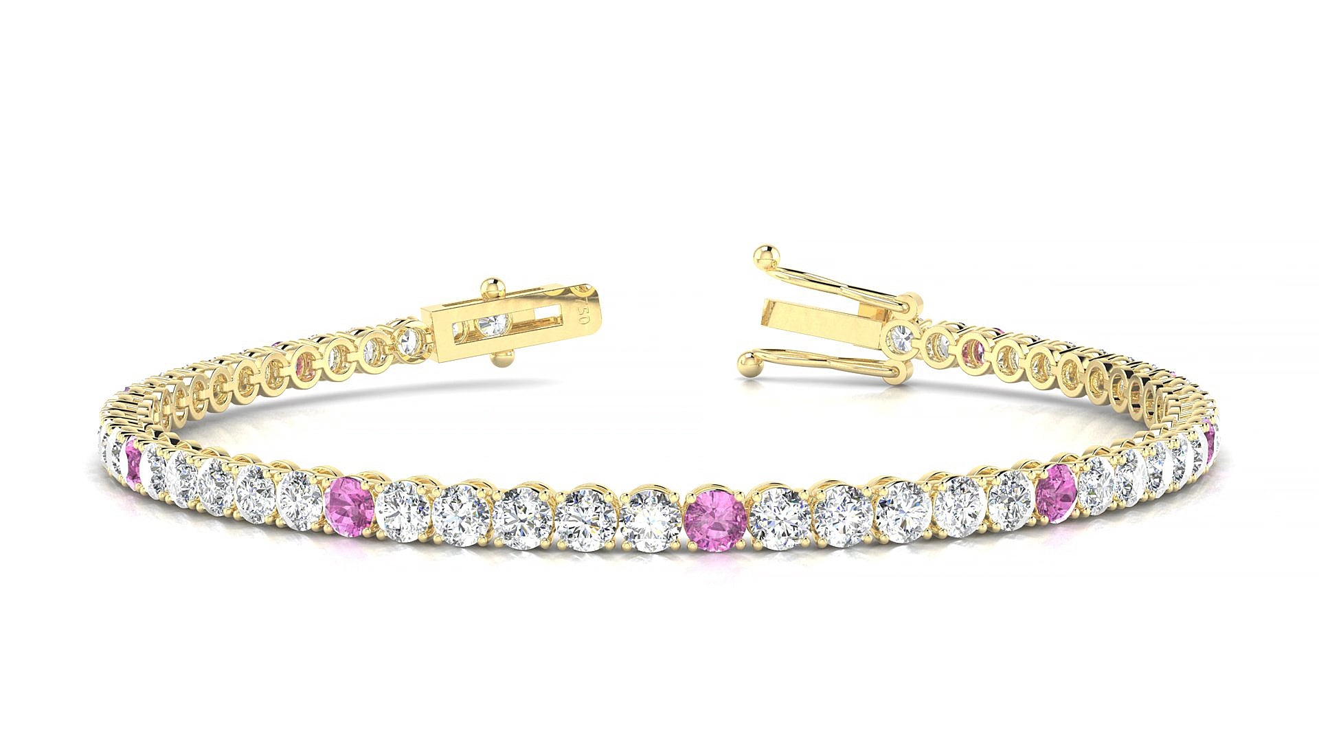 Firenze 1-5 | 18k Yellow Gold 3 mm Round Natural Pink Sapphire & Diamond 17 cm Tennis Bracelet