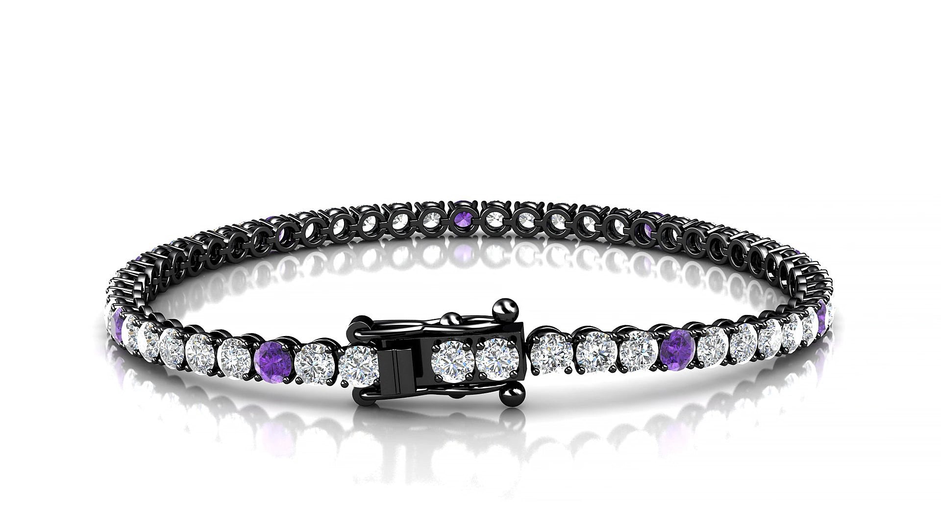 Firenze 1-5 | 18k Black Gold 3 mm Round Natural Amethyst & Diamond 20 cm Tennis Bracelet