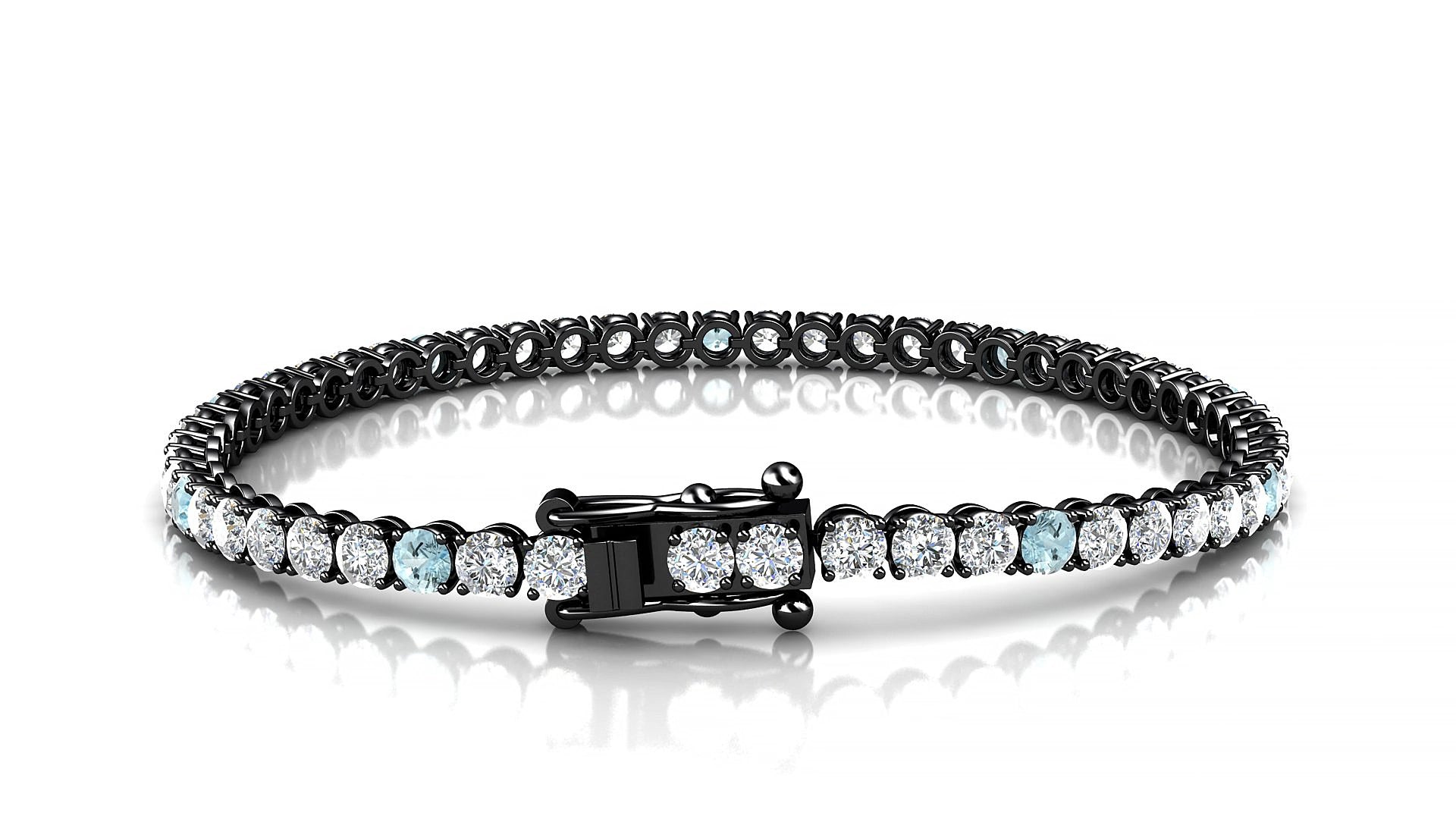 Firenze 1-5 | 18k Black Gold 3 mm Round Natural Aquamarine & Diamond 18 cm Tennis Bracelet