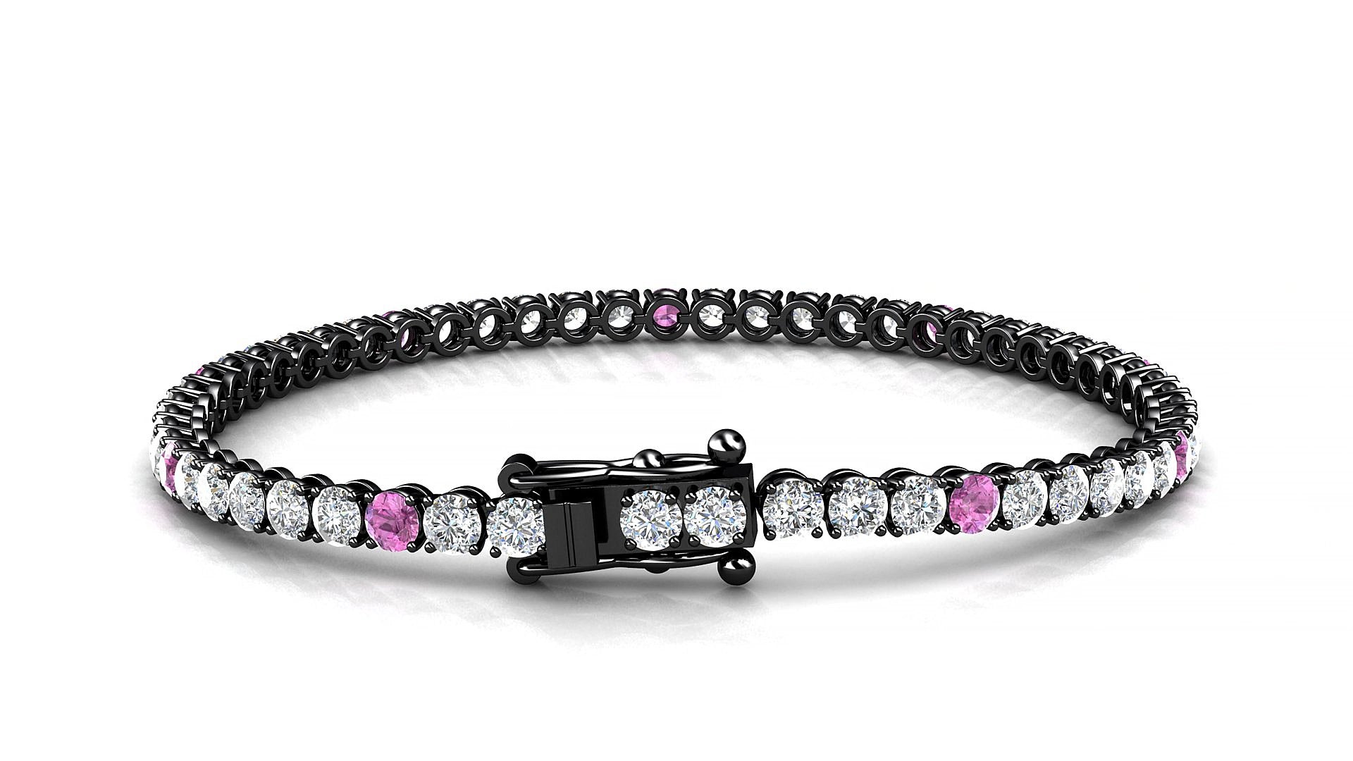 Firenze 1-5 | 18k Black Gold 3 mm Round Natural Pink Sapphire & Diamond 15 cm Tennis Bracelet