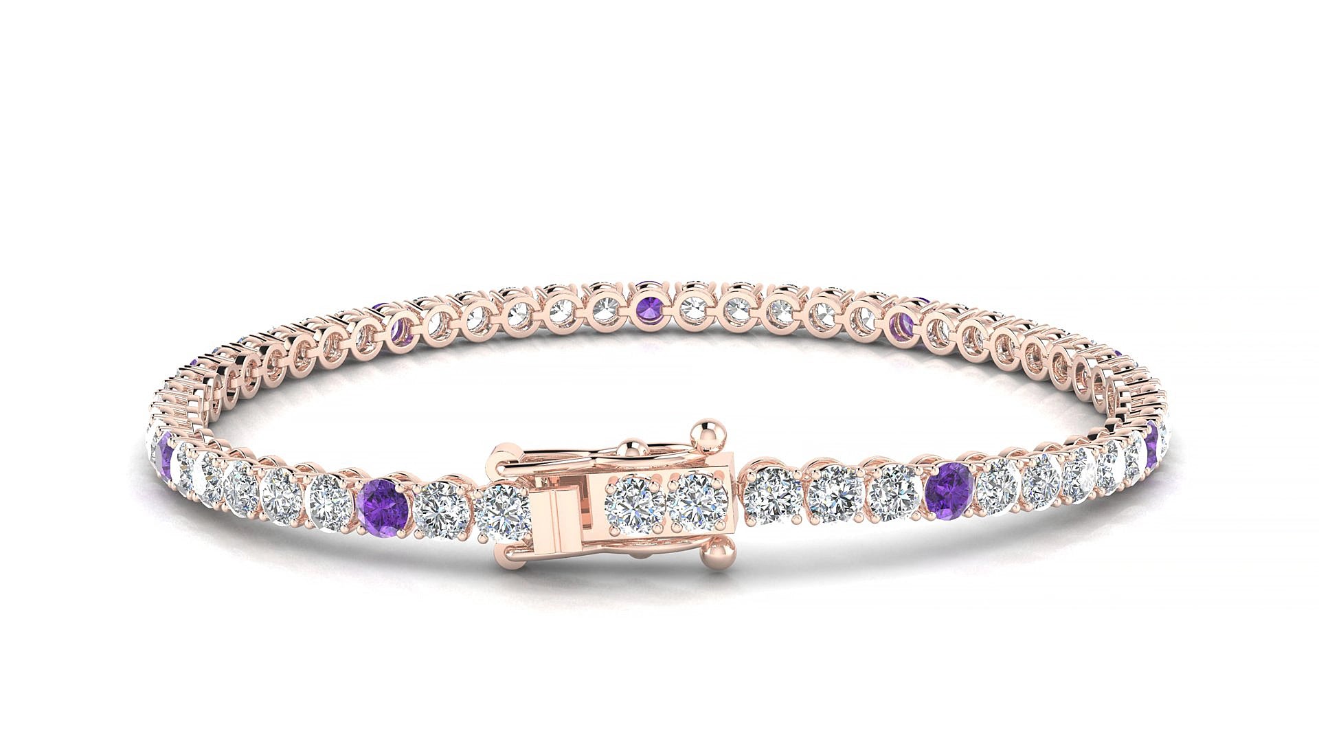 Firenze 1-5 | 18k Rose Gold 3 mm Round Natural Amethyst & Diamond 19 cm Tennis Bracelet