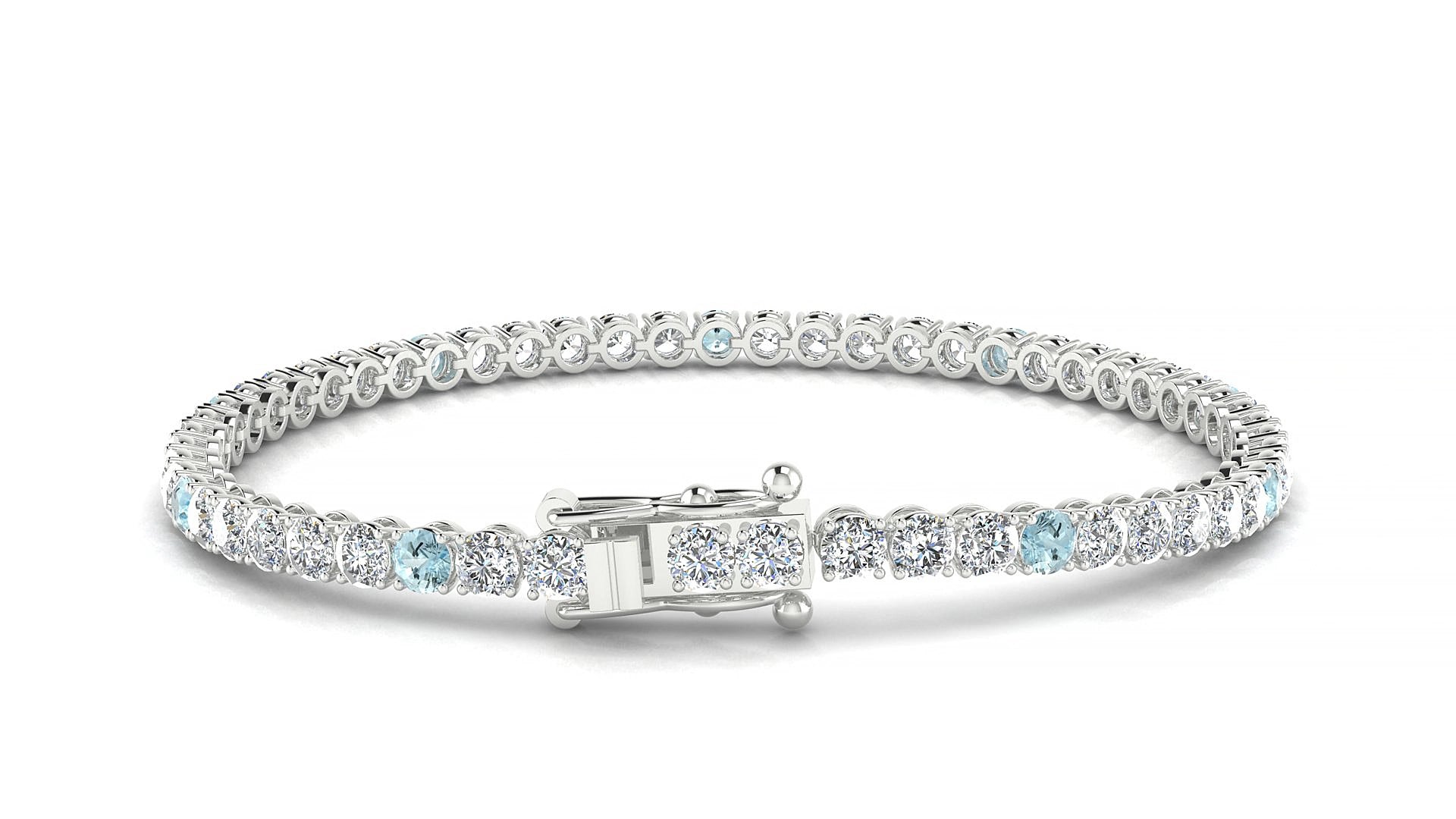 Firenze 1-5 | 18k White Gold 3 mm Round Natural Aquamarine & Diamond 15 cm Tennis Bracelet