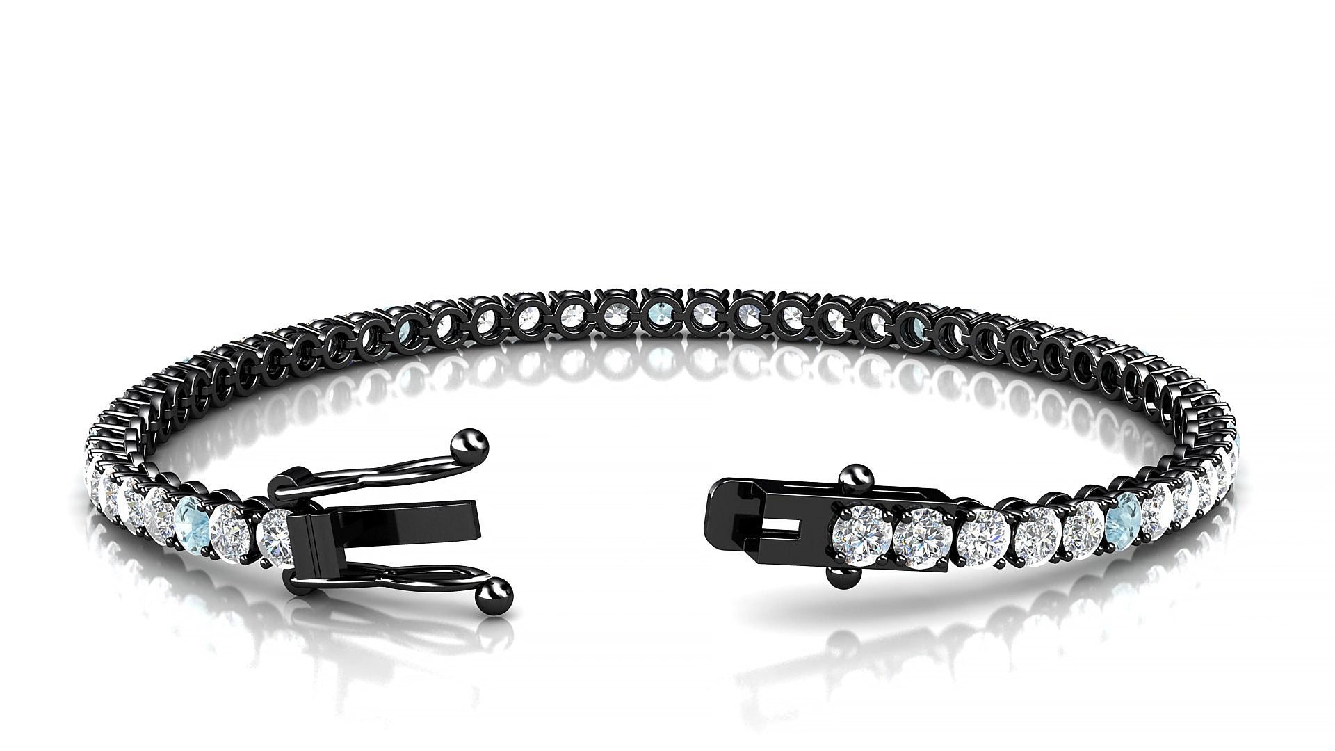 Firenze 1-5 | 18k Black Gold 3 mm Round Natural Aquamarine & Diamond 16 cm Tennis Bracelet