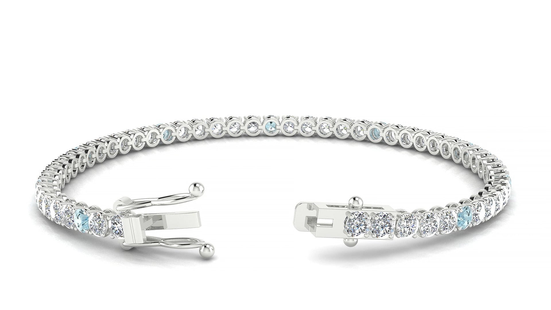 Firenze 1-5 | 18k White Gold 3 mm Round Natural Aquamarine & Diamond 15 cm Tennis Bracelet