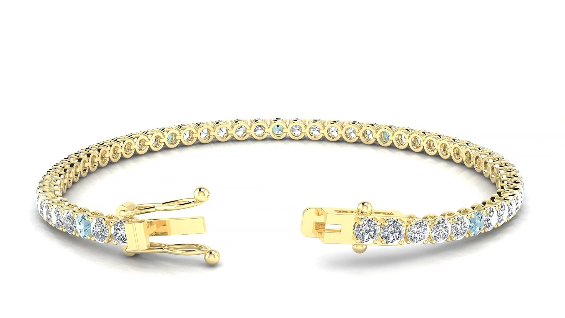 Firenze 1-5 | 18k Yellow Gold 3 mm Round Natural Aquamarine & Diamond Tennis Bracelet