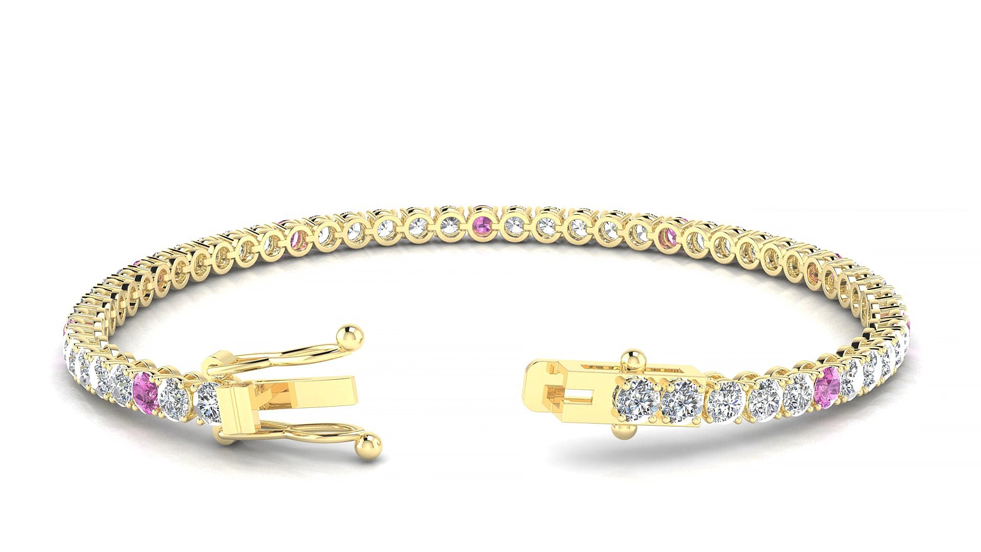 Firenze 1-5 | 18k Yellow Gold 3 mm Round Natural Pink Sapphire & Diamond 18 cm Tennis Bracelet