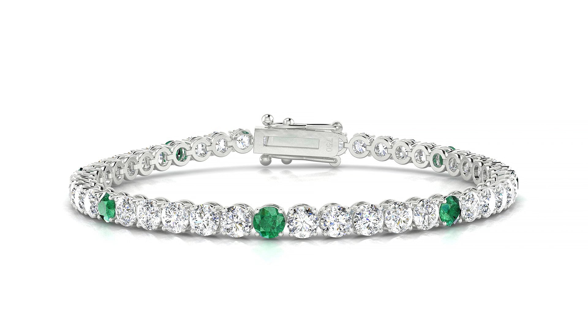 Firenze 1-5 | 18k White Gold 3.4 mm Round Natural Emerald & Diamond 15 cm Tennis Bracelet