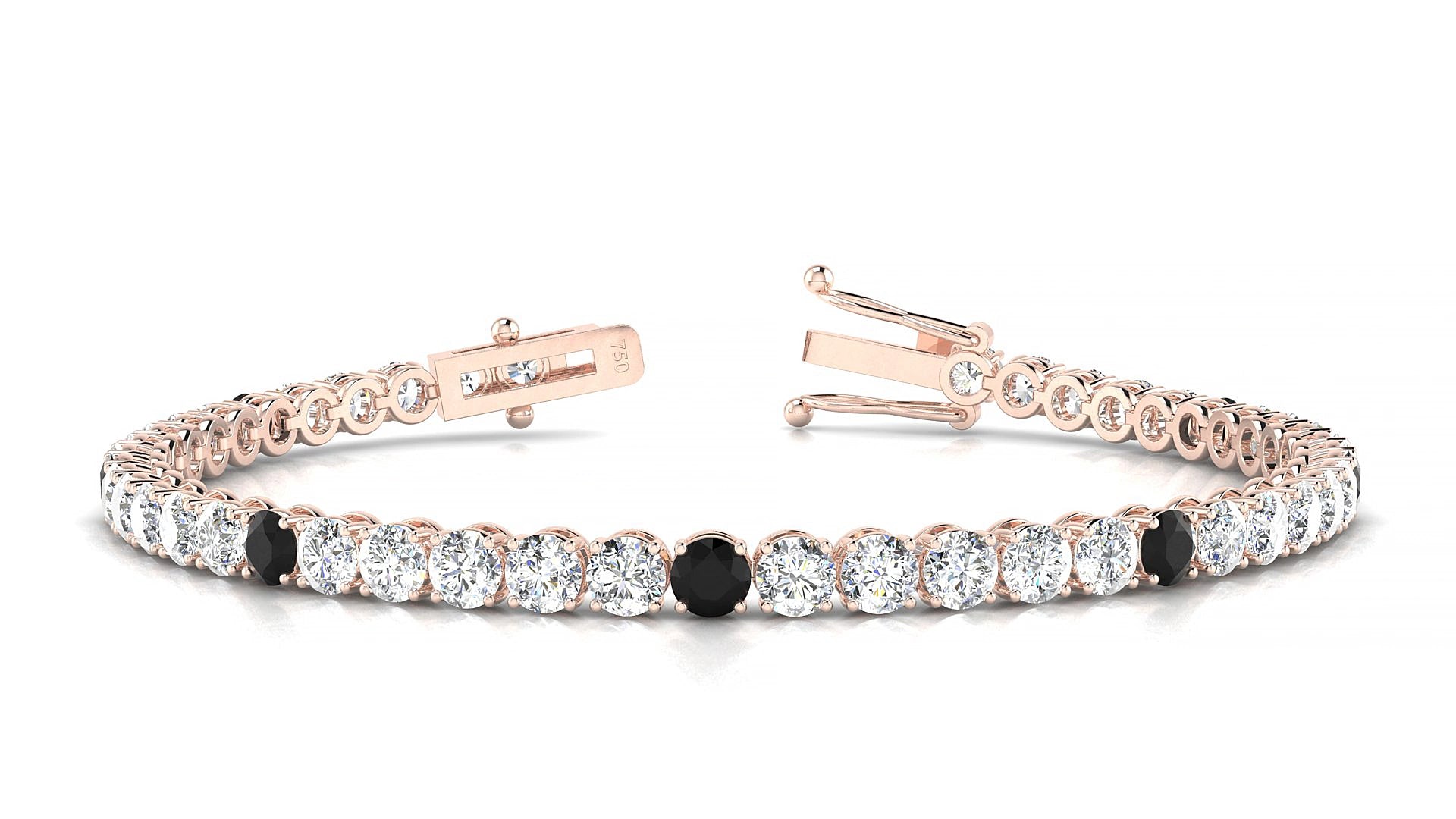 Firenze 1-5 | 18k Rose Gold 3.4 mm Round Natural Black Diamond & Diamond 15 cm Tennis Bracelet