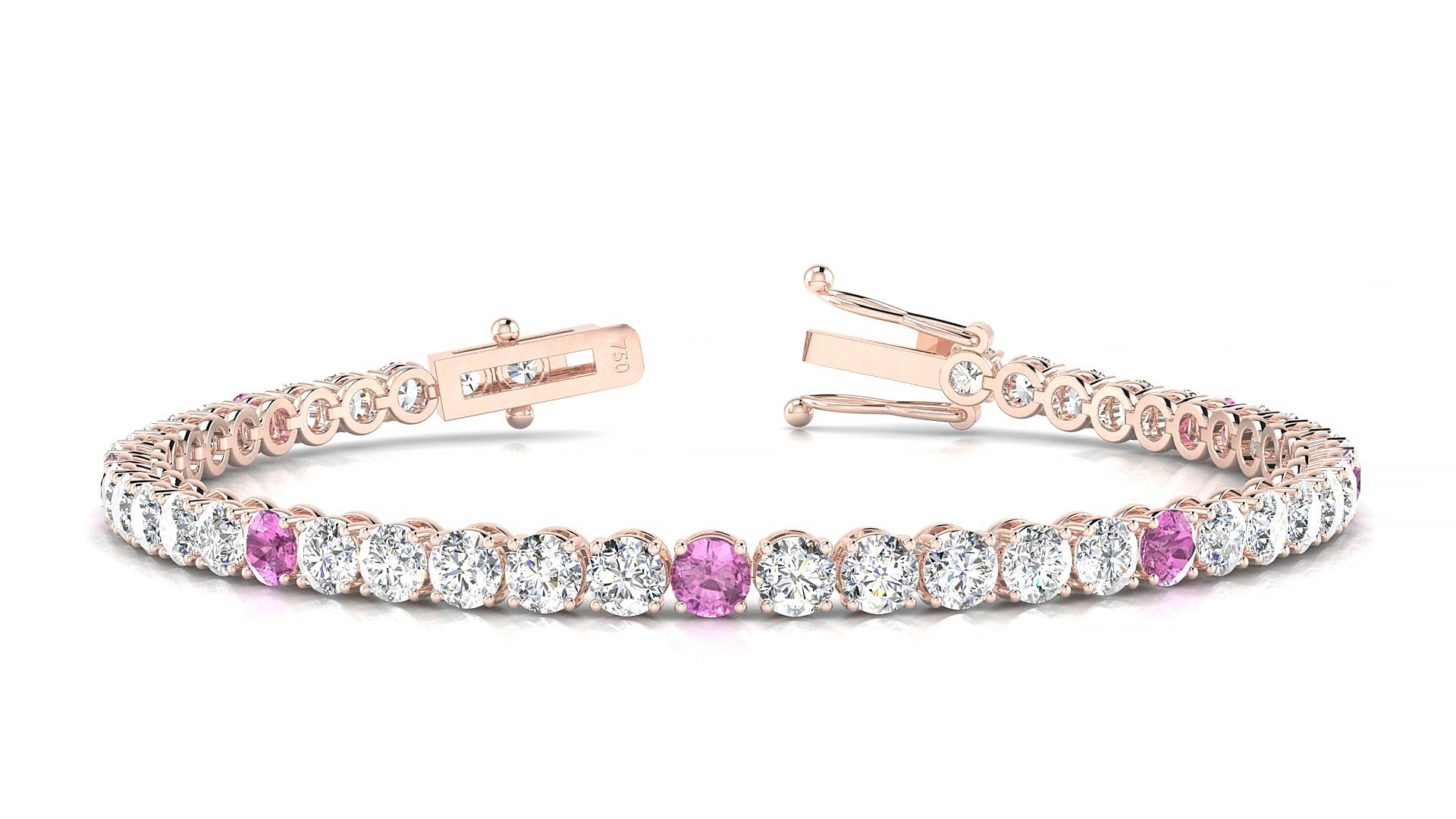 Firenze 1-5 | 18k Rose Gold 3.4 mm Round Natural Pink Sapphire & Diamond 15 cm Tennis Bracelet