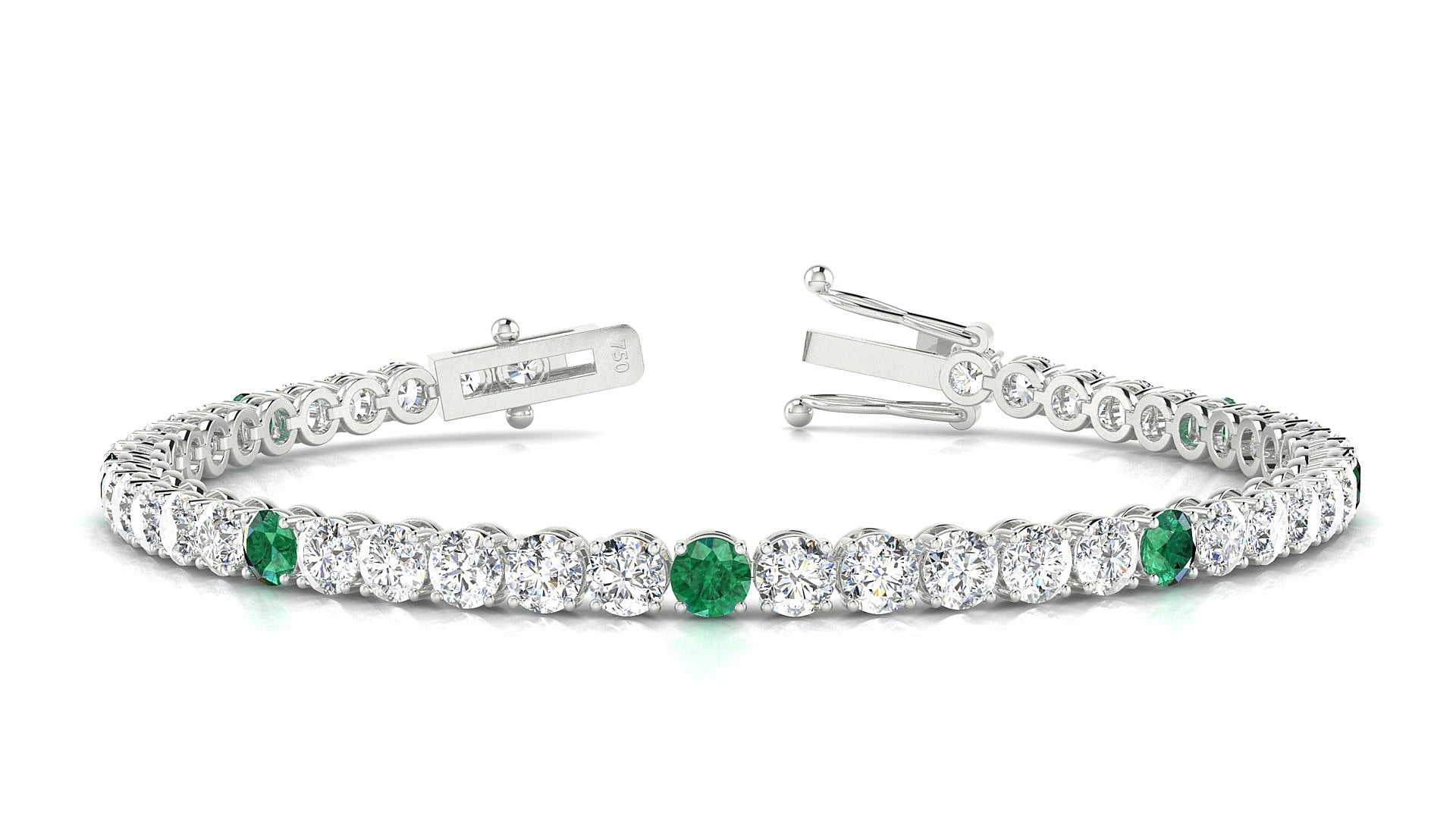 Firenze 1-5 | 18k White Gold 3.4 mm Round Natural Emerald & Diamond 15 cm Tennis Bracelet