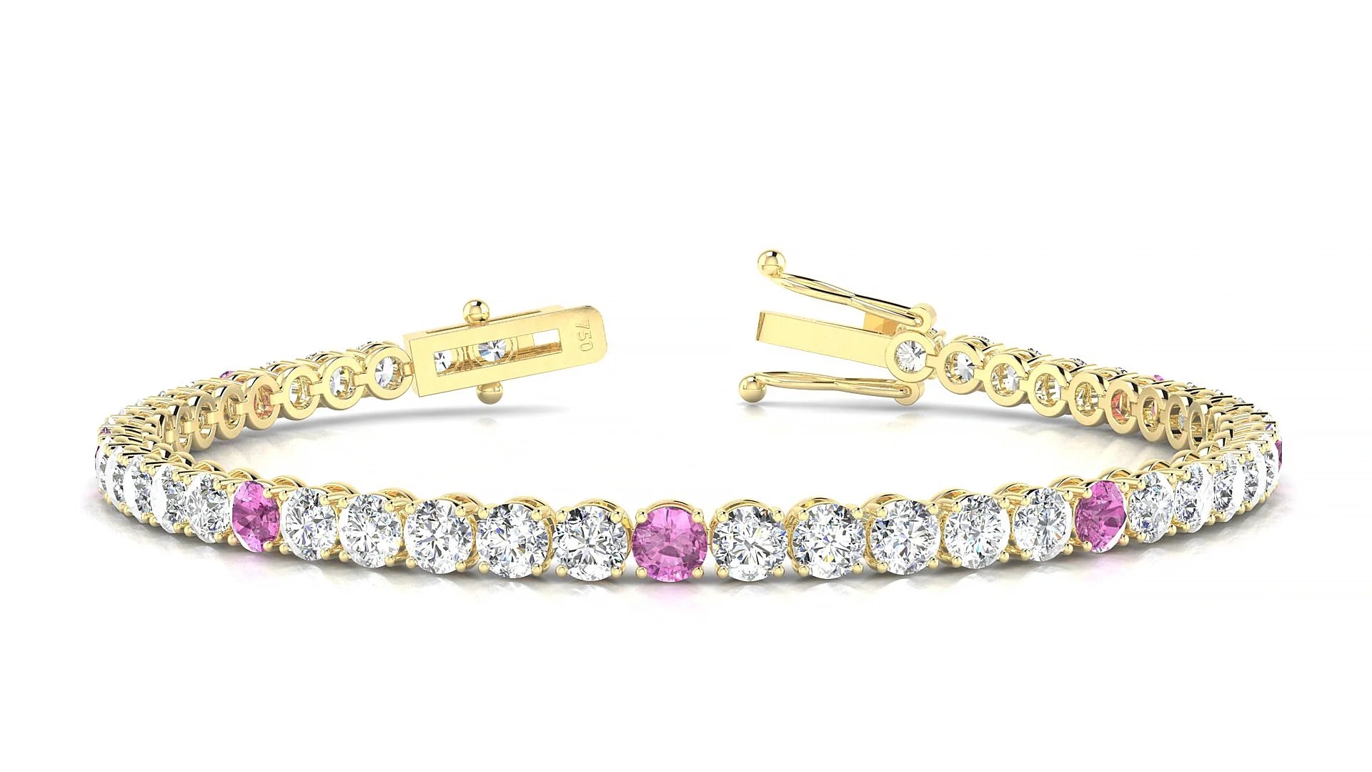 Firenze 1-5 | 18k Yellow Gold 3.4 mm Round Natural Pink Sapphire & Diamond Tennis Bracelet