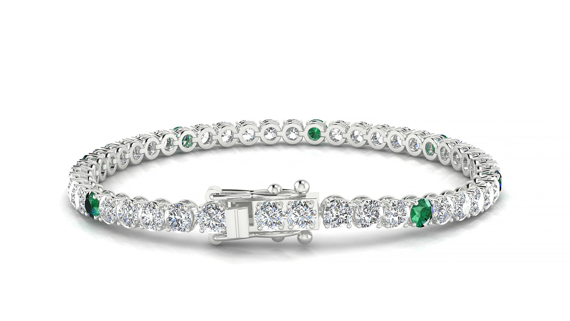 Firenze 1-5 | 18k White Gold 3.4 mm Round Natural Emerald & Diamond 15 cm Tennis Bracelet